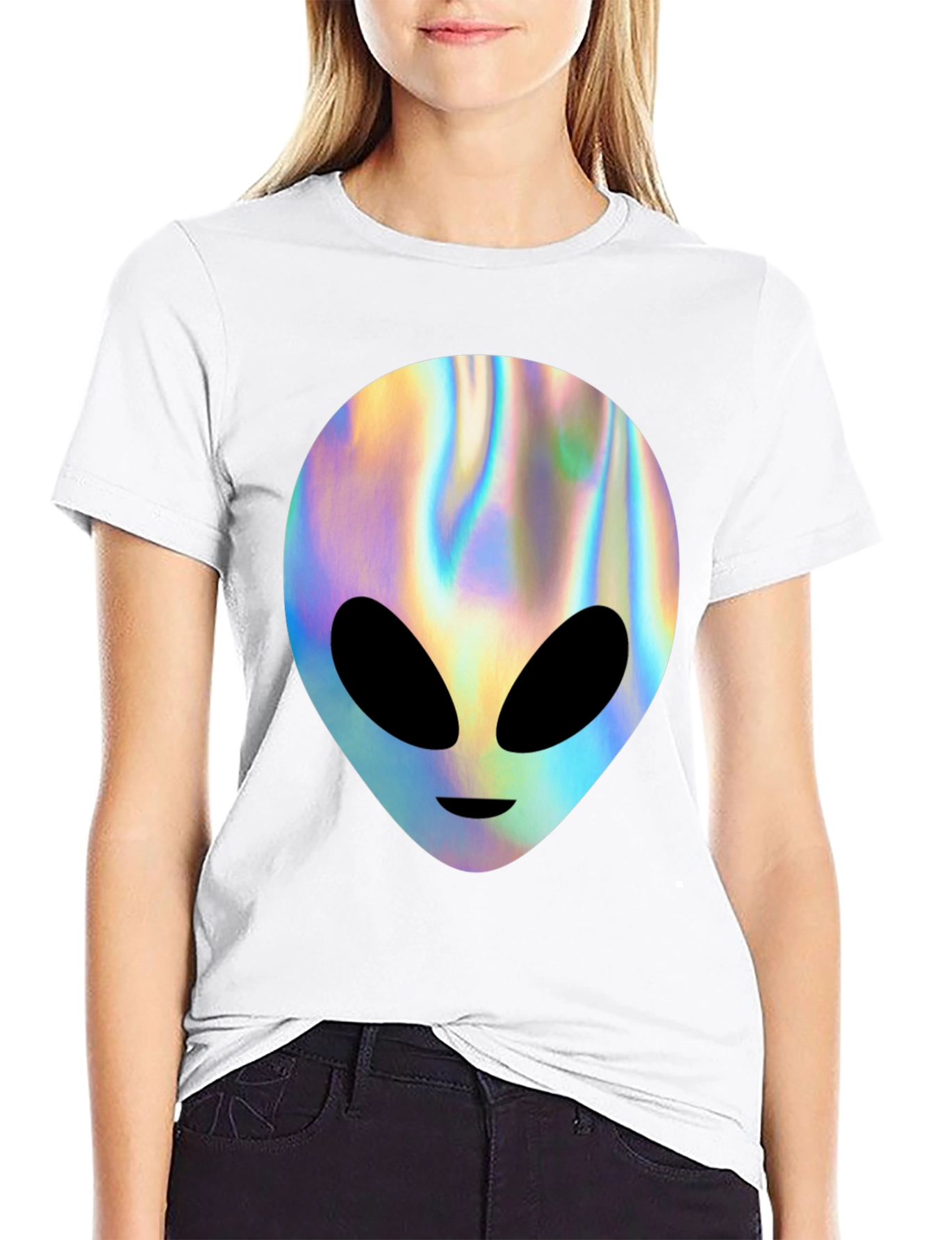 Holographic Alien Graphic T-Shirt - Trendy Outer Space Tee
