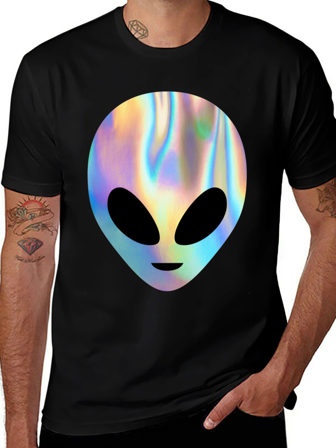 Holographic Alien Graphic T-Shirt - Trendy Outer Space Tee