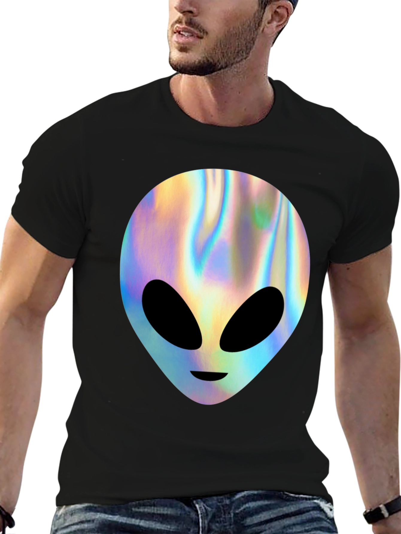 Holographic Alien Graphic T-Shirt - Trendy Outer Space Tee
