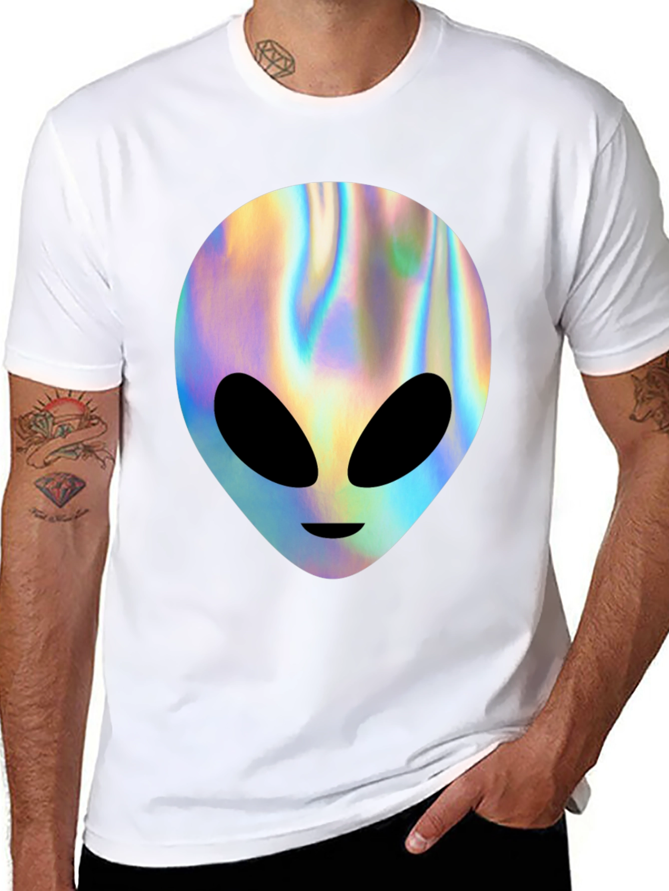 Holographic Alien Graphic T-Shirt - Trendy Outer Space Tee