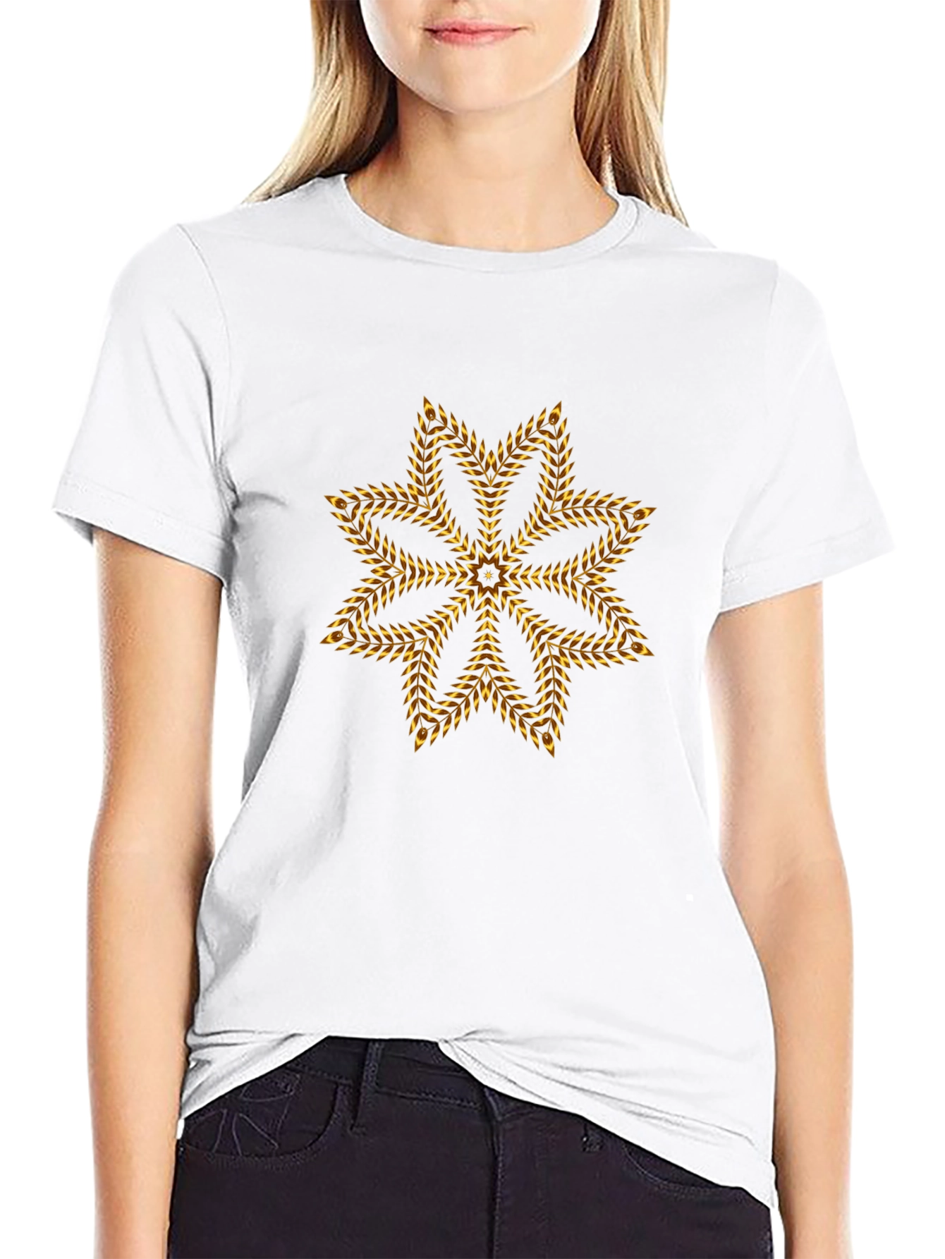 Geometric Gold Floral Star Black T-Shirt