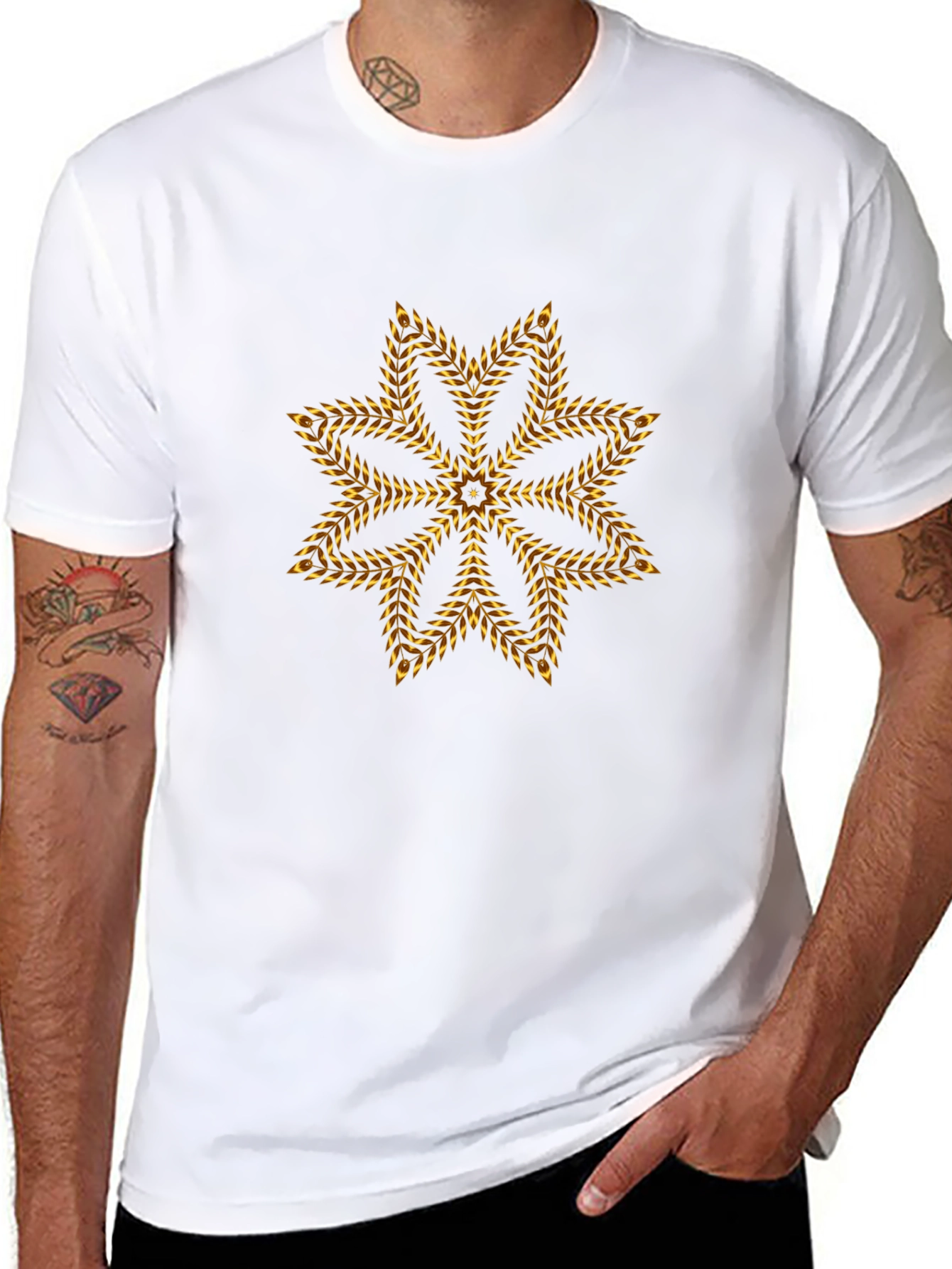 Geometric Gold Floral Star Black T-Shirt