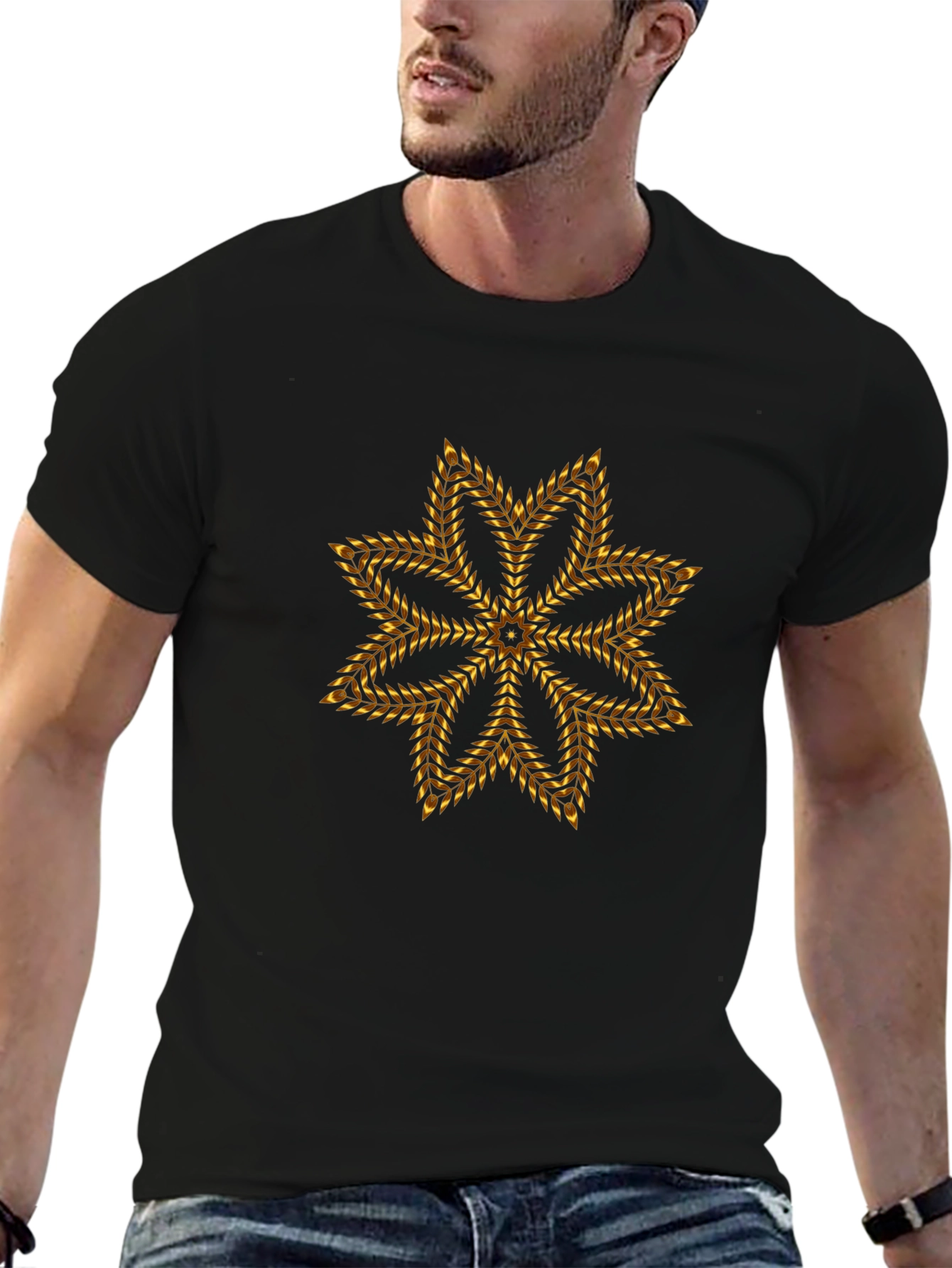 Geometric Gold Floral Star Black T-Shirt