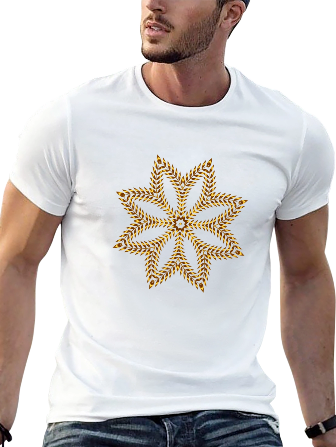 Geometric Gold Floral Star Black T-Shirt