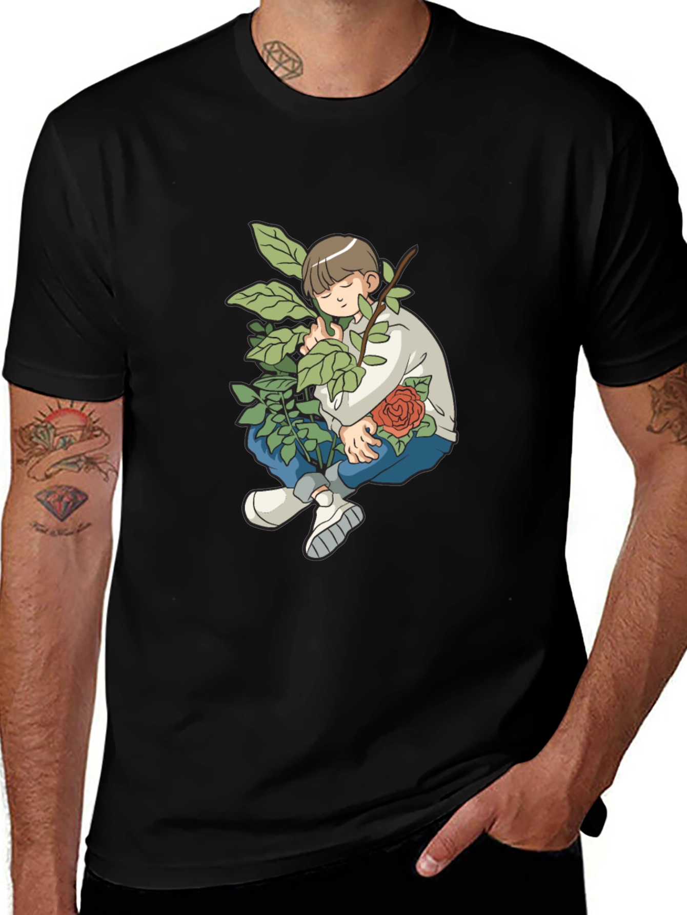 Boy With Rose Graphic Black T-Shirt