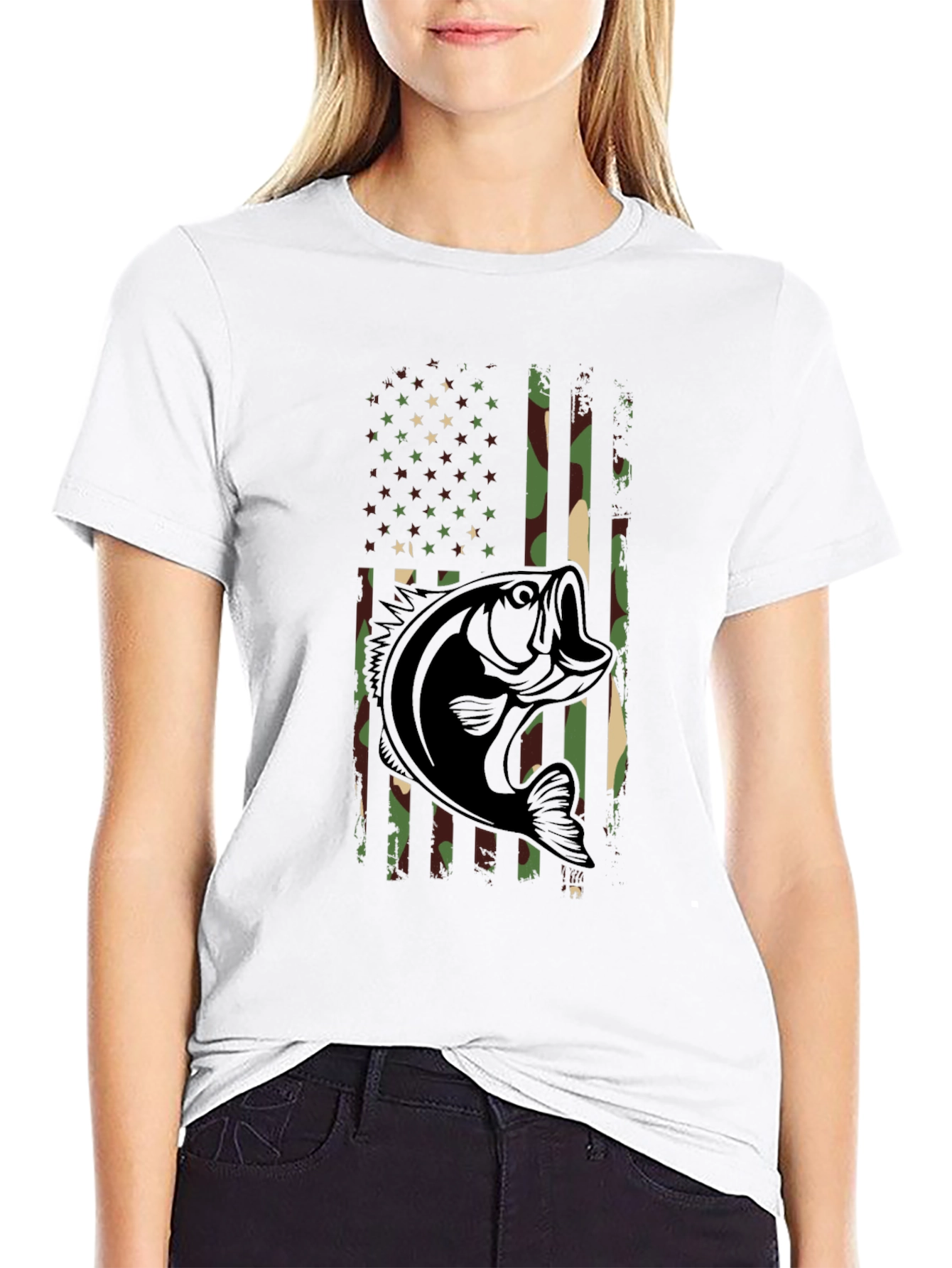 Camouflage American Flag Bass Fishing T-Shirt