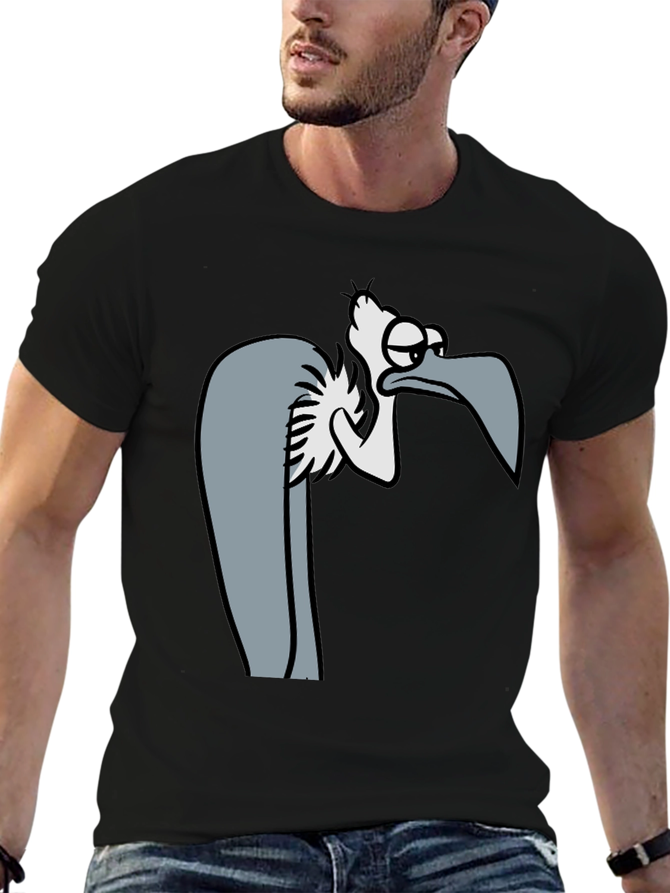 Funny Cartoon Vulture Graphic Black T-Shirt
