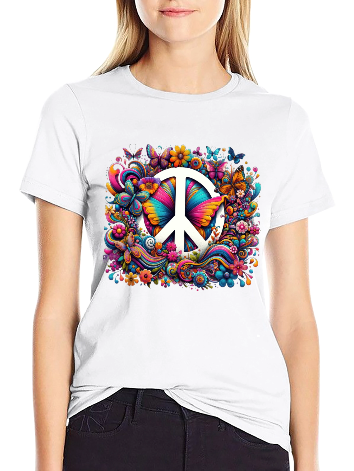 Peace Sign Floral Butterfly T-Shirt