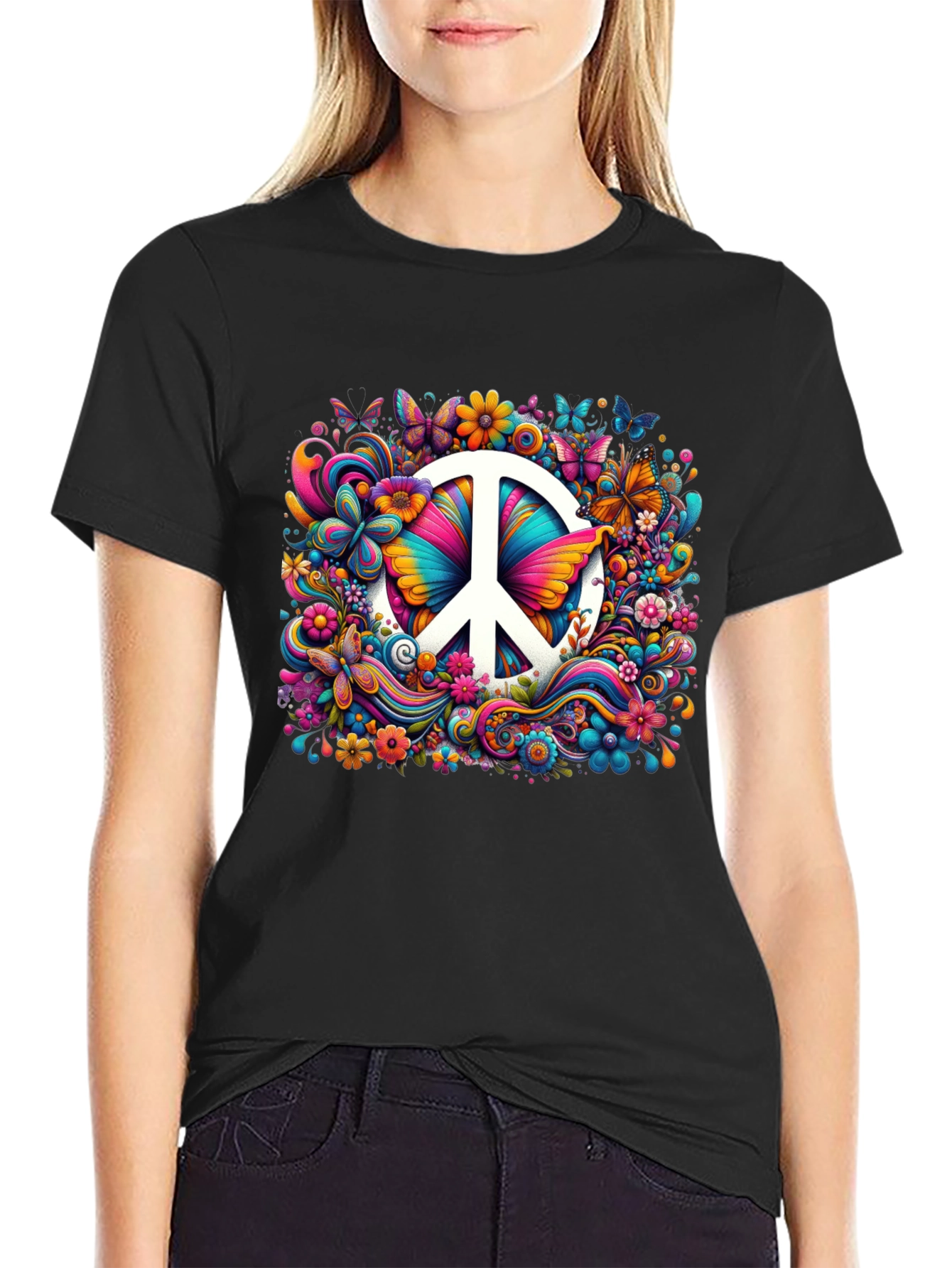 Peace Sign Floral Butterfly T-Shirt