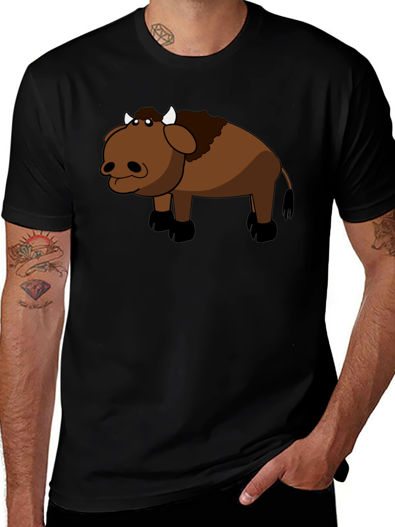 Cartoon Buffalo Graphic Black T-Shirt
