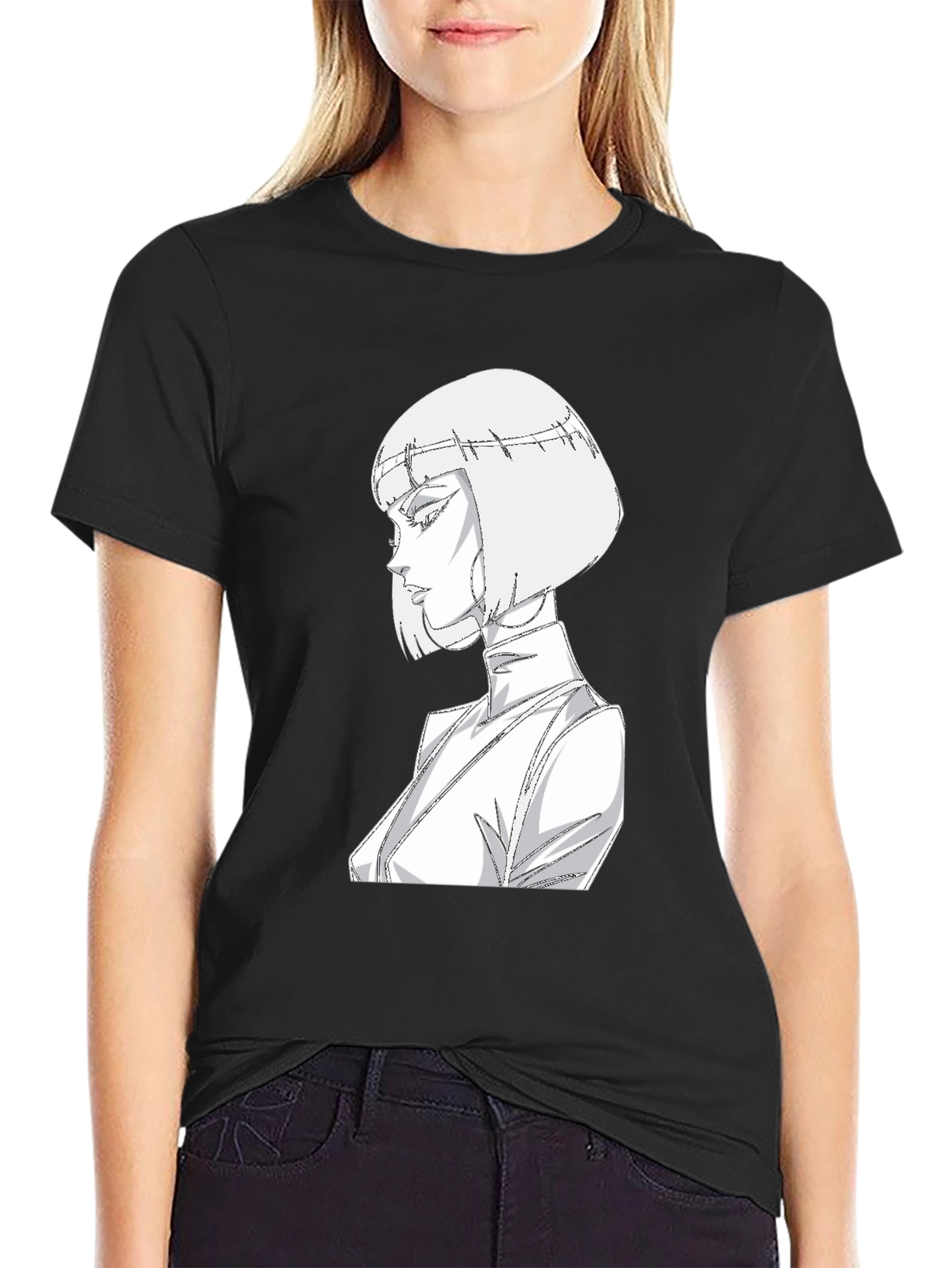 Abstract Anime Girl Graphic Tee - Black