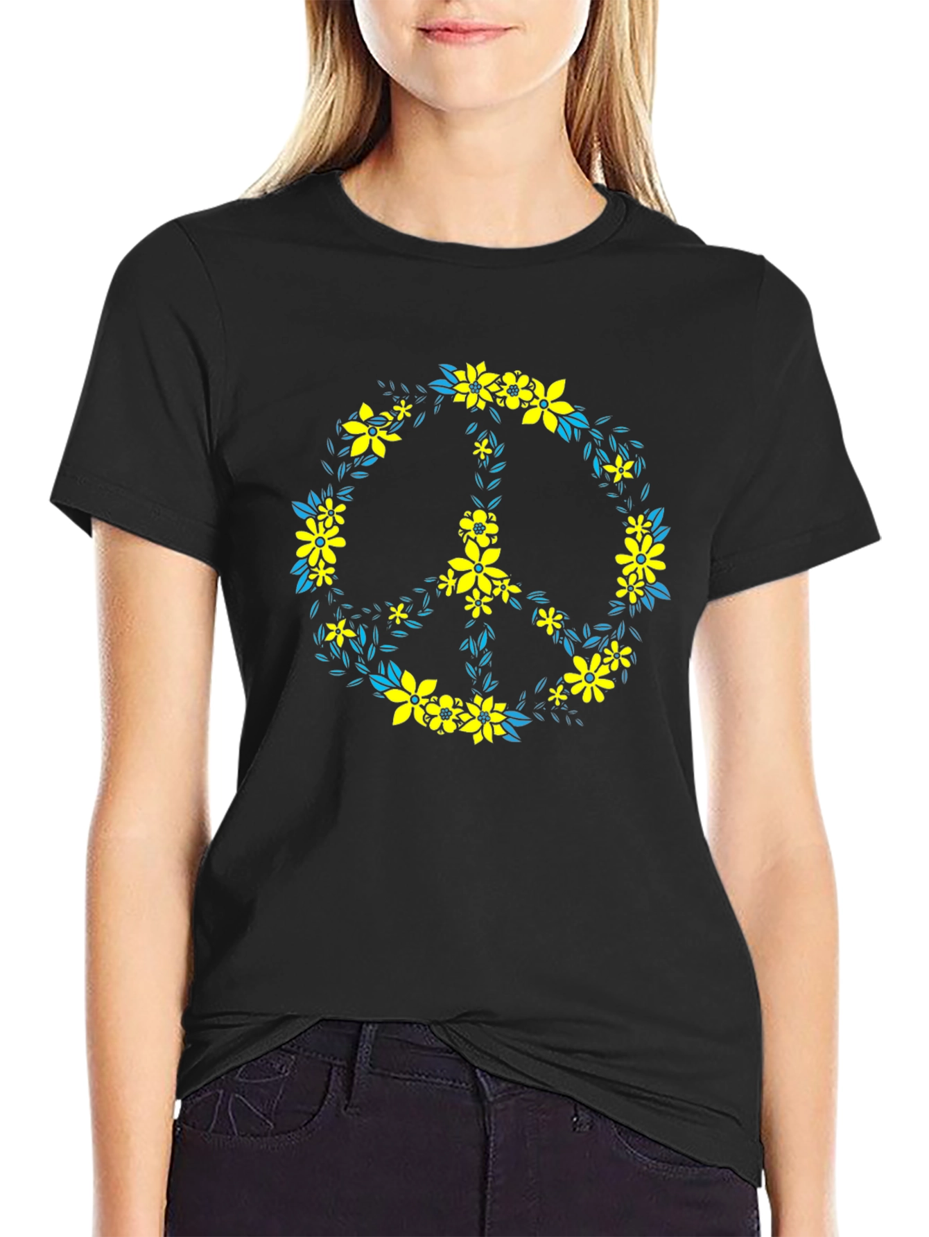 Floral Peace Sign Black T-Shirt
