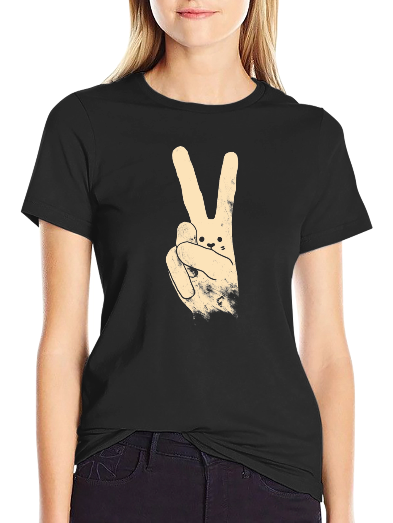 Peace Sign Bunny Graphic Tee - Black