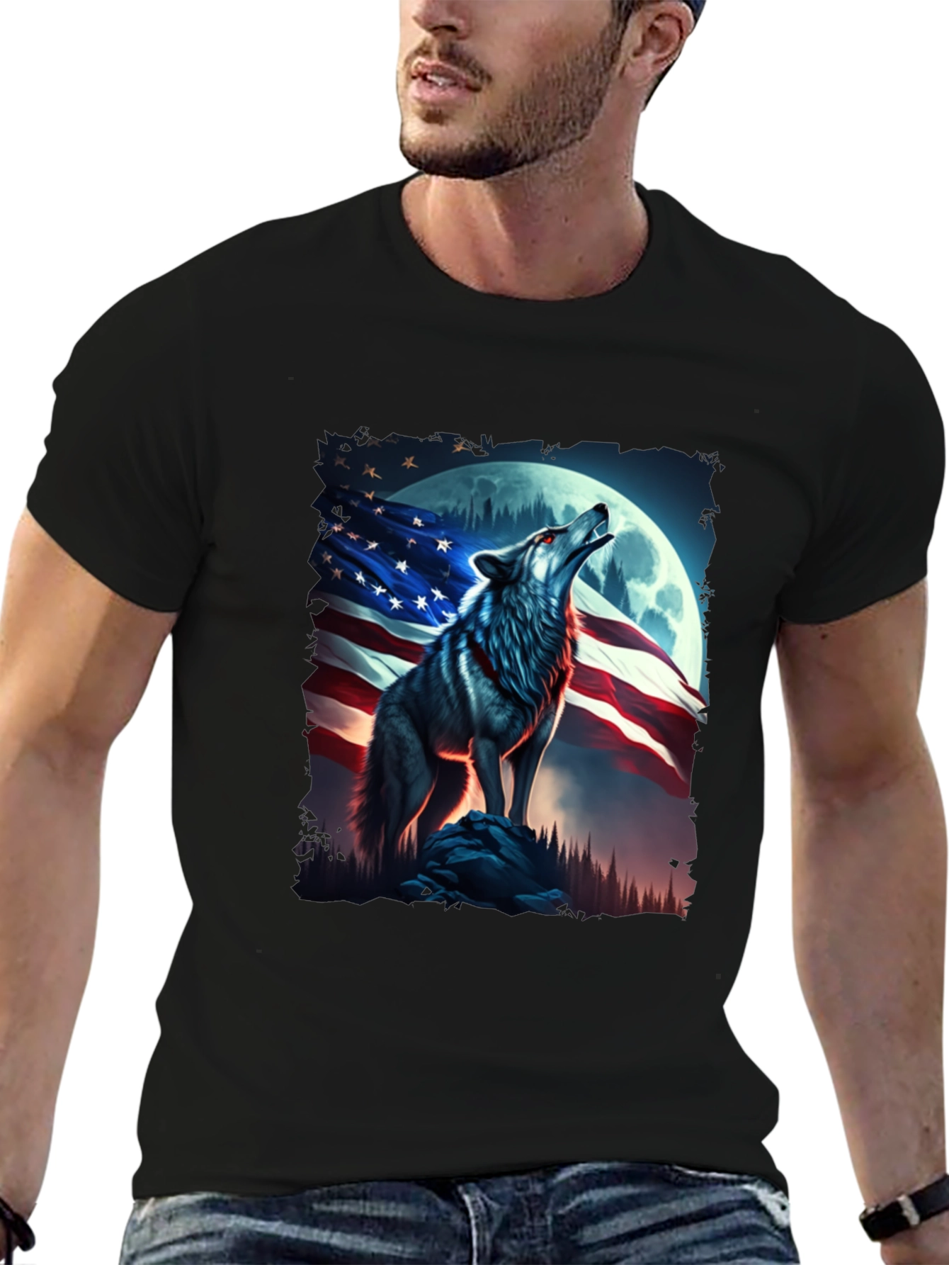 American Patriot Wolf T-Shirt - Mens Black Tee