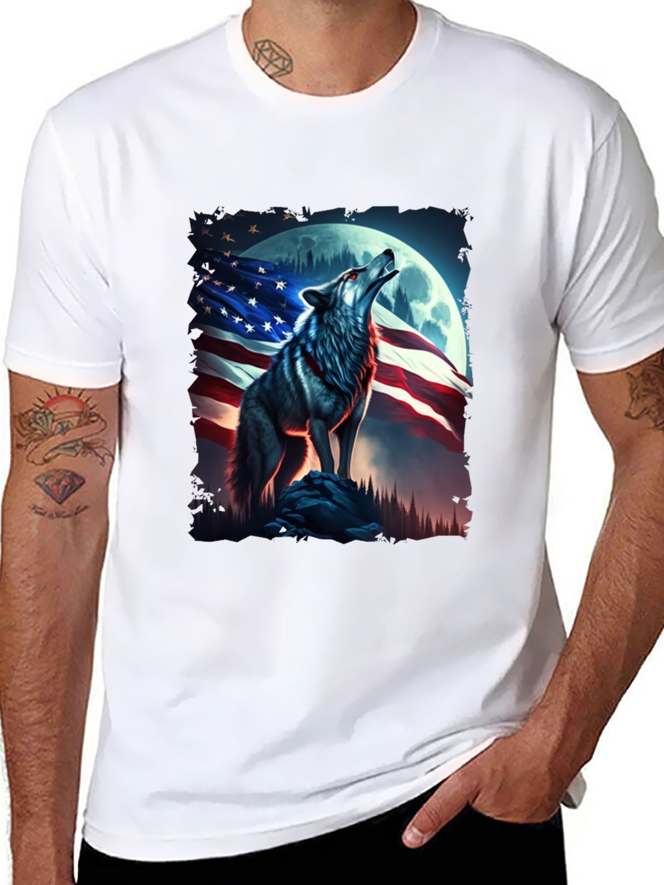 American Patriot Wolf T-Shirt - Mens Black Tee