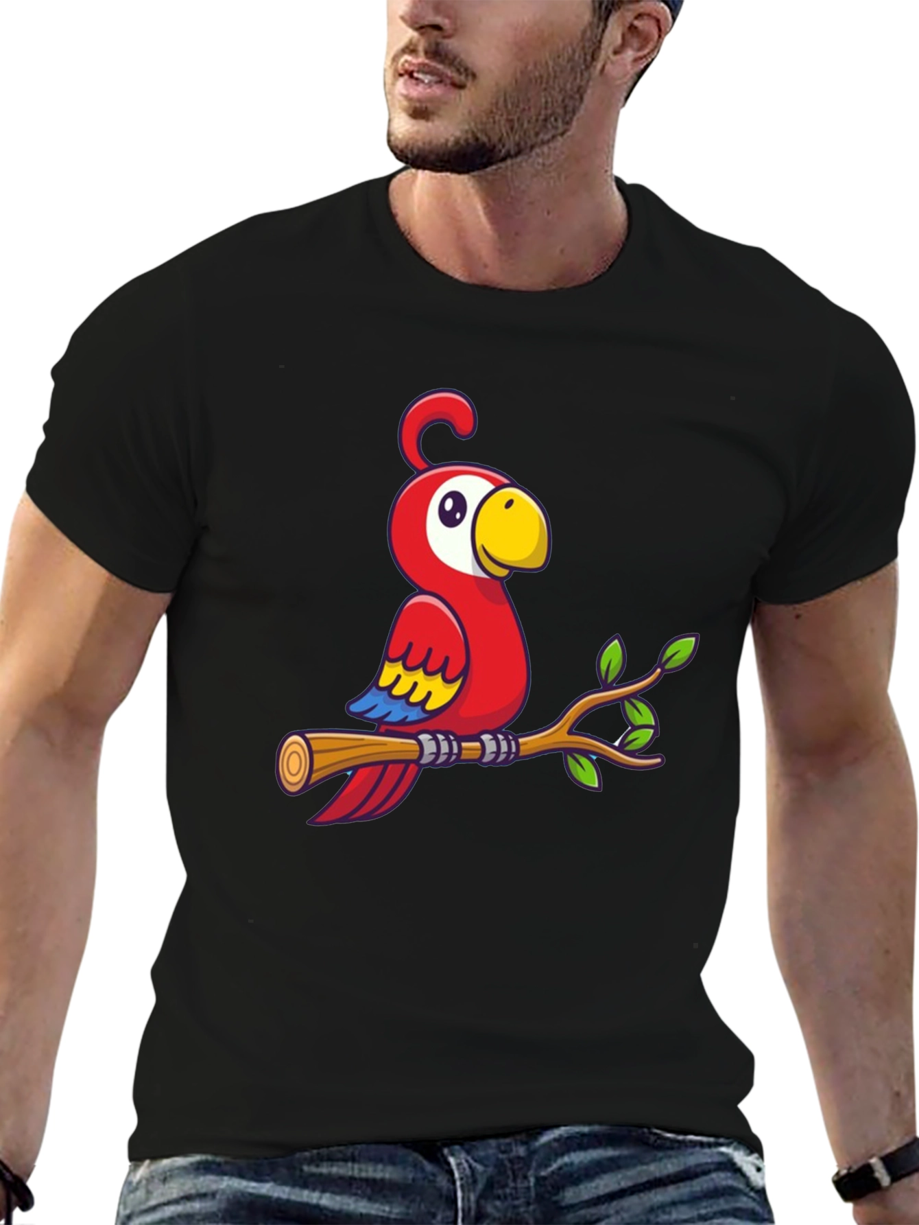 Cartoon Parrot on Branch Graphic T-Shirt