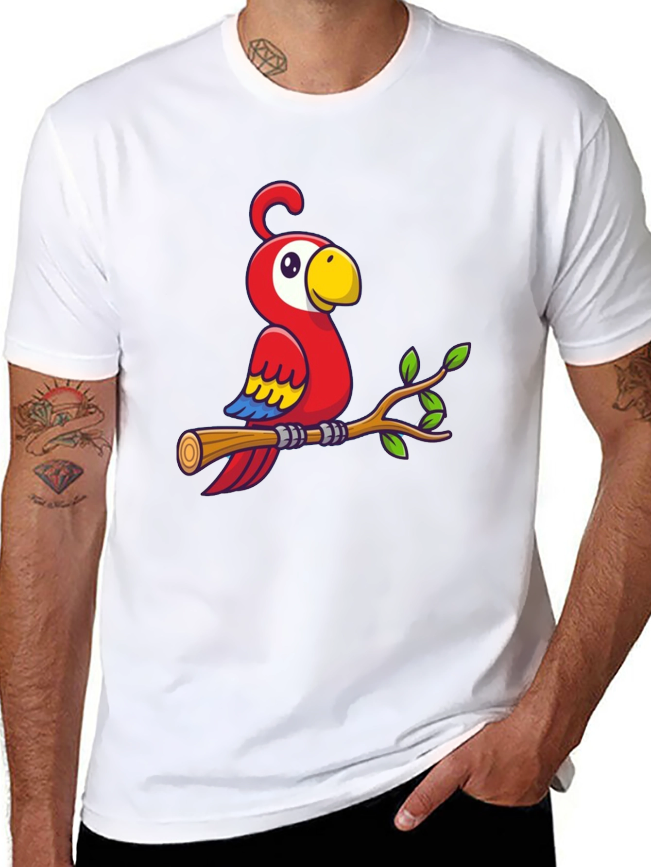 Cartoon Parrot on Branch Graphic T-Shirt
