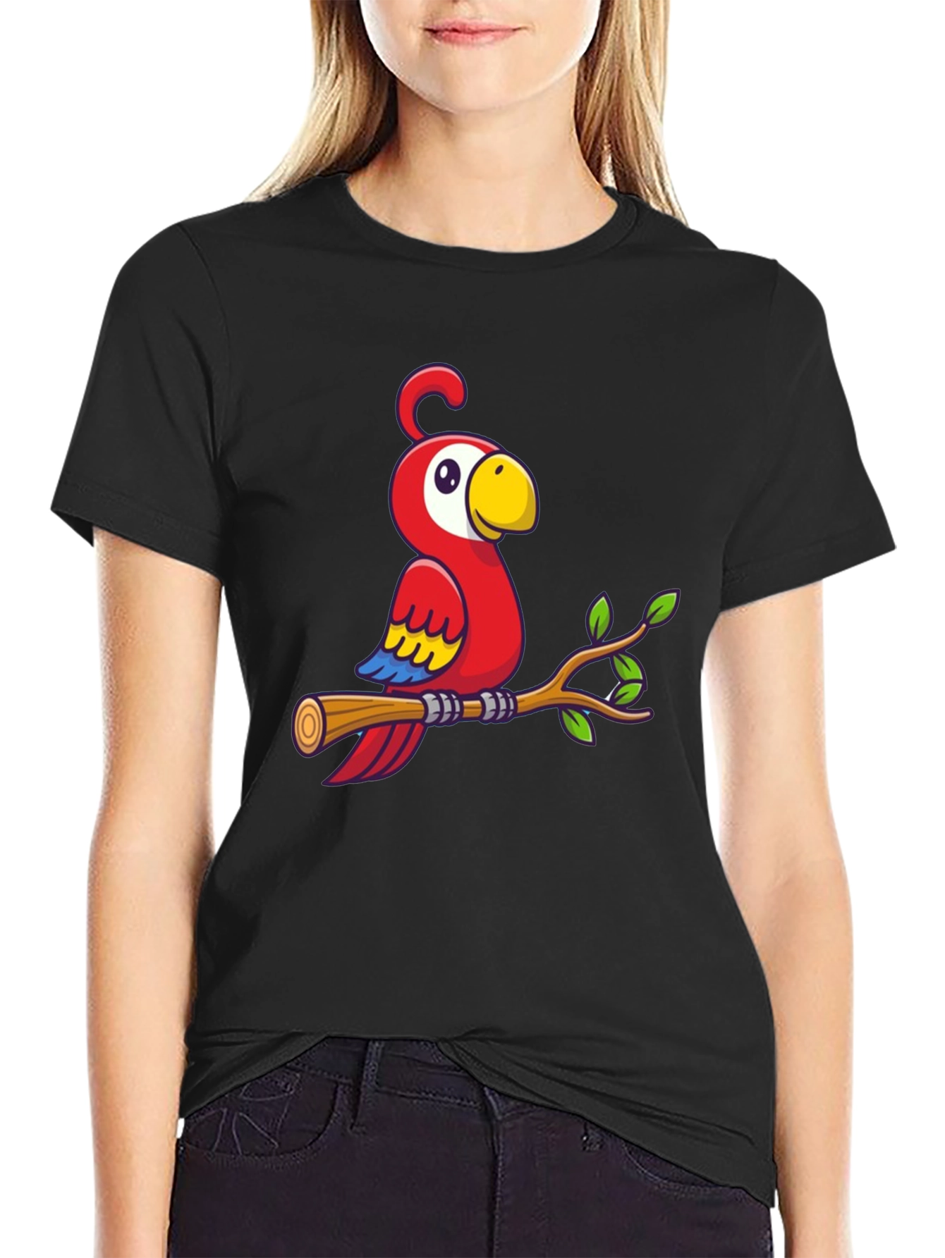 Cartoon Parrot on Branch Graphic T-Shirt