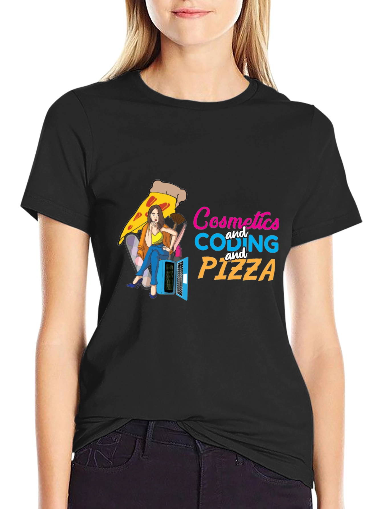Cosmetics Coding & Pizza Black T-Shirt