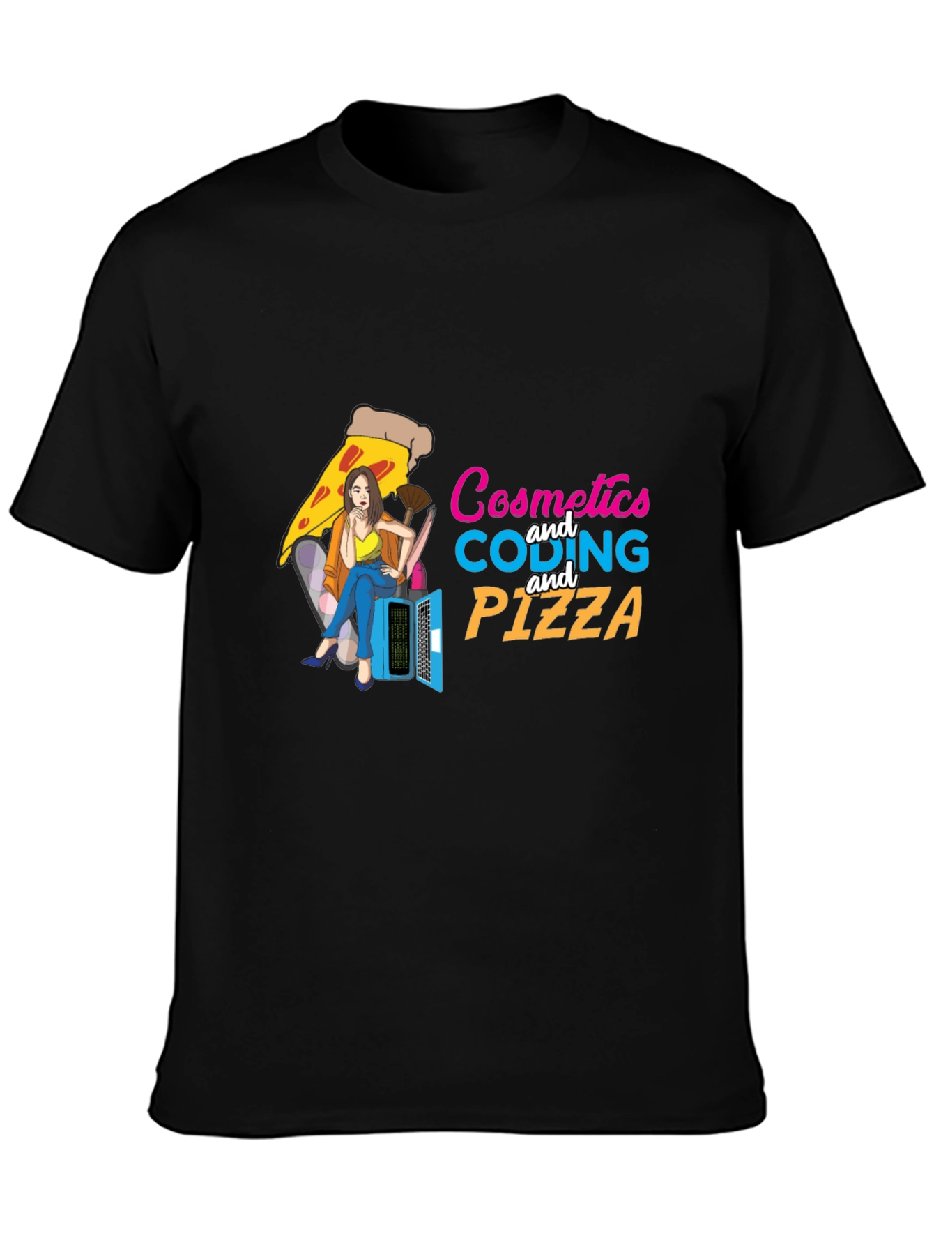 Cosmetics Coding & Pizza Black T-Shirt