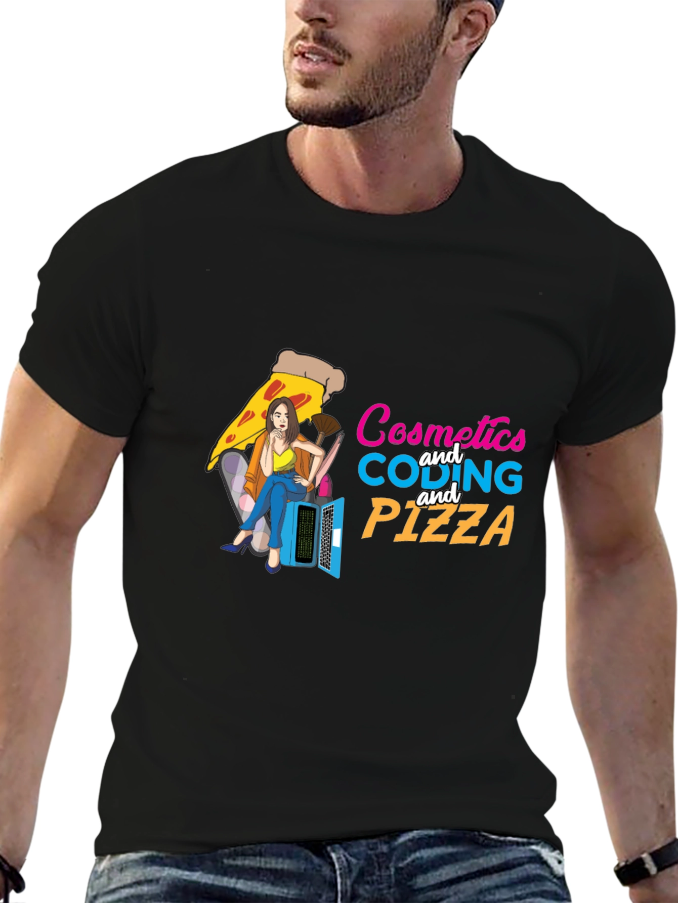 Cosmetics Coding & Pizza Black T-Shirt