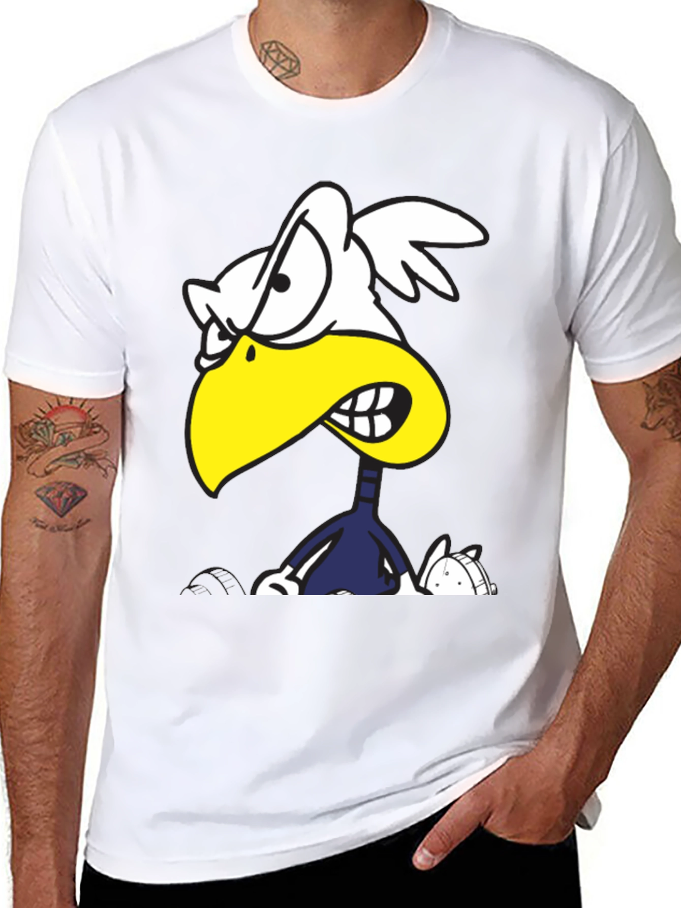 Angry Cartoon Bird Graphic Tee - Black Cotton T-Shirt