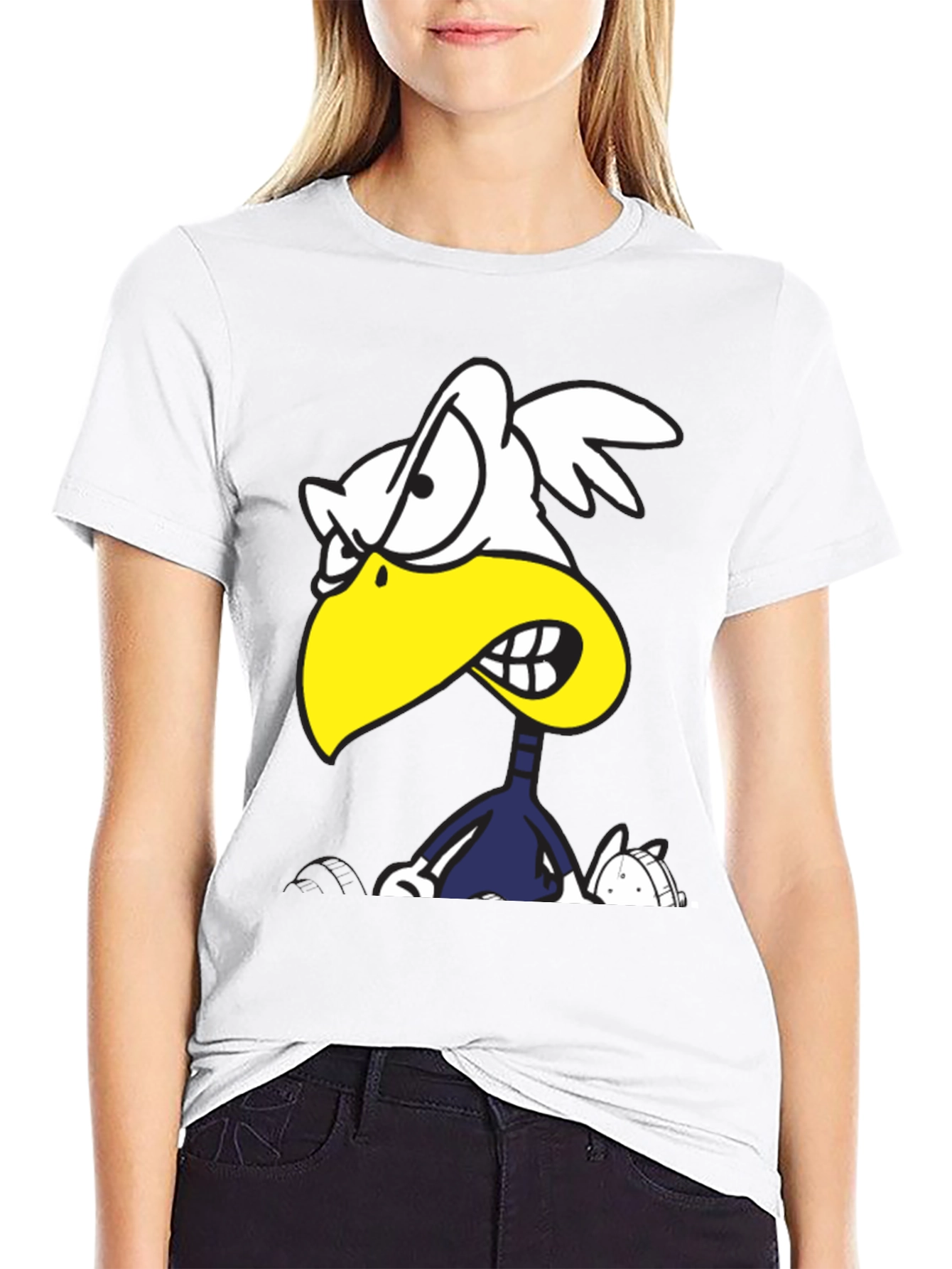 Angry Cartoon Bird Graphic Tee - Black Cotton T-Shirt