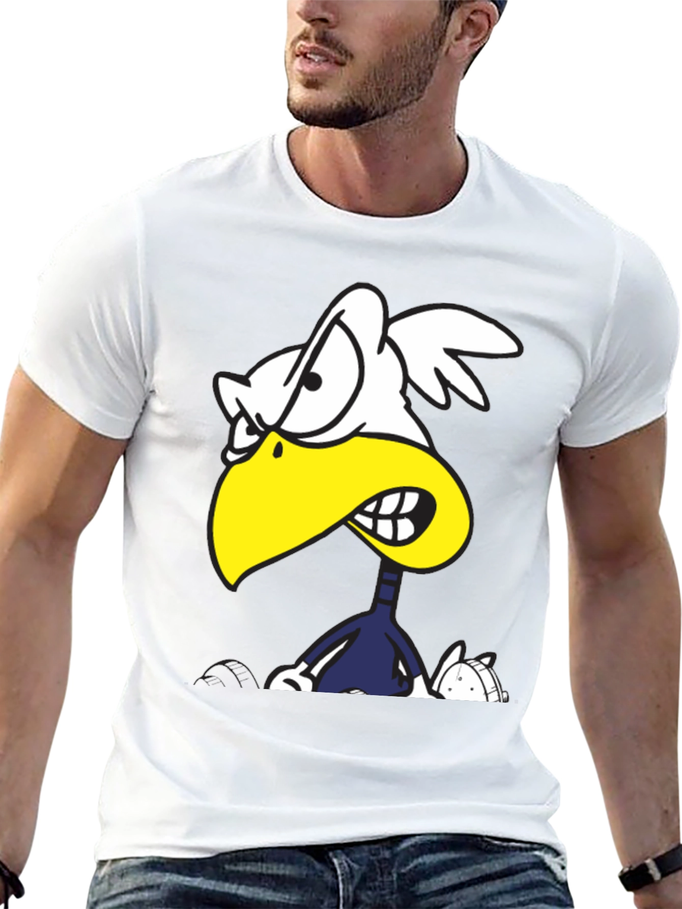 Angry Cartoon Bird Graphic Tee - Black Cotton T-Shirt