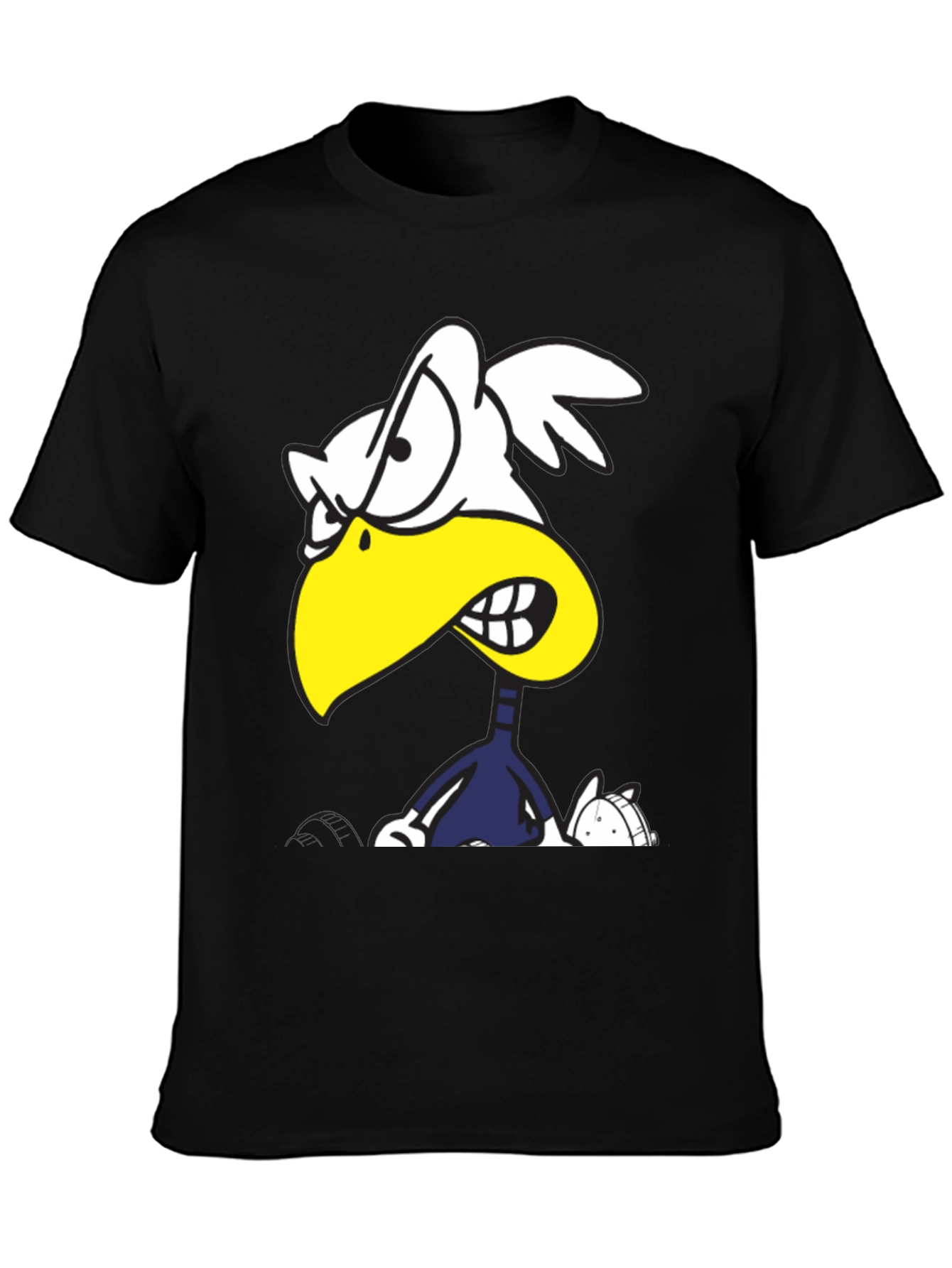 Angry Cartoon Bird Graphic Tee - Black Cotton T-Shirt