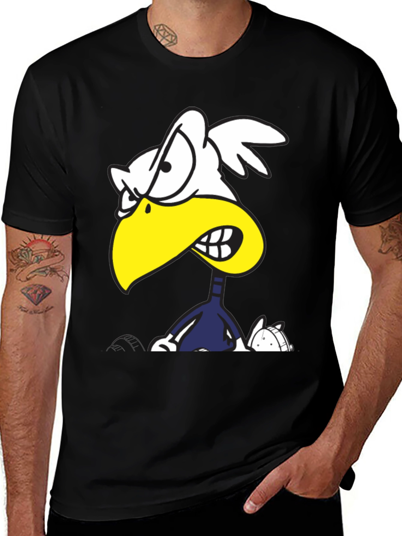 Angry Cartoon Bird Graphic Tee - Black Cotton T-Shirt