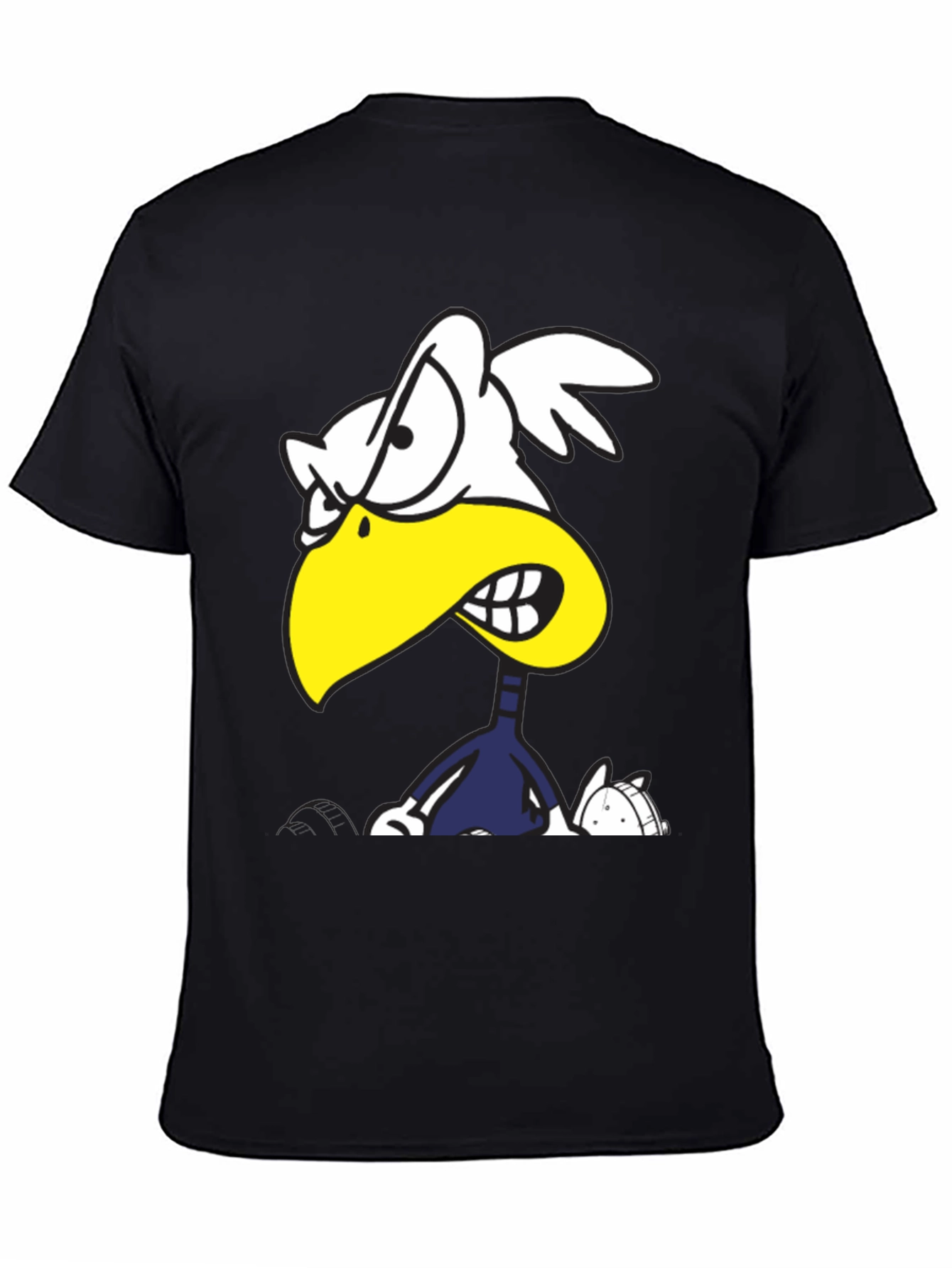 Angry Cartoon Bird Graphic Tee - Black Cotton T-Shirt