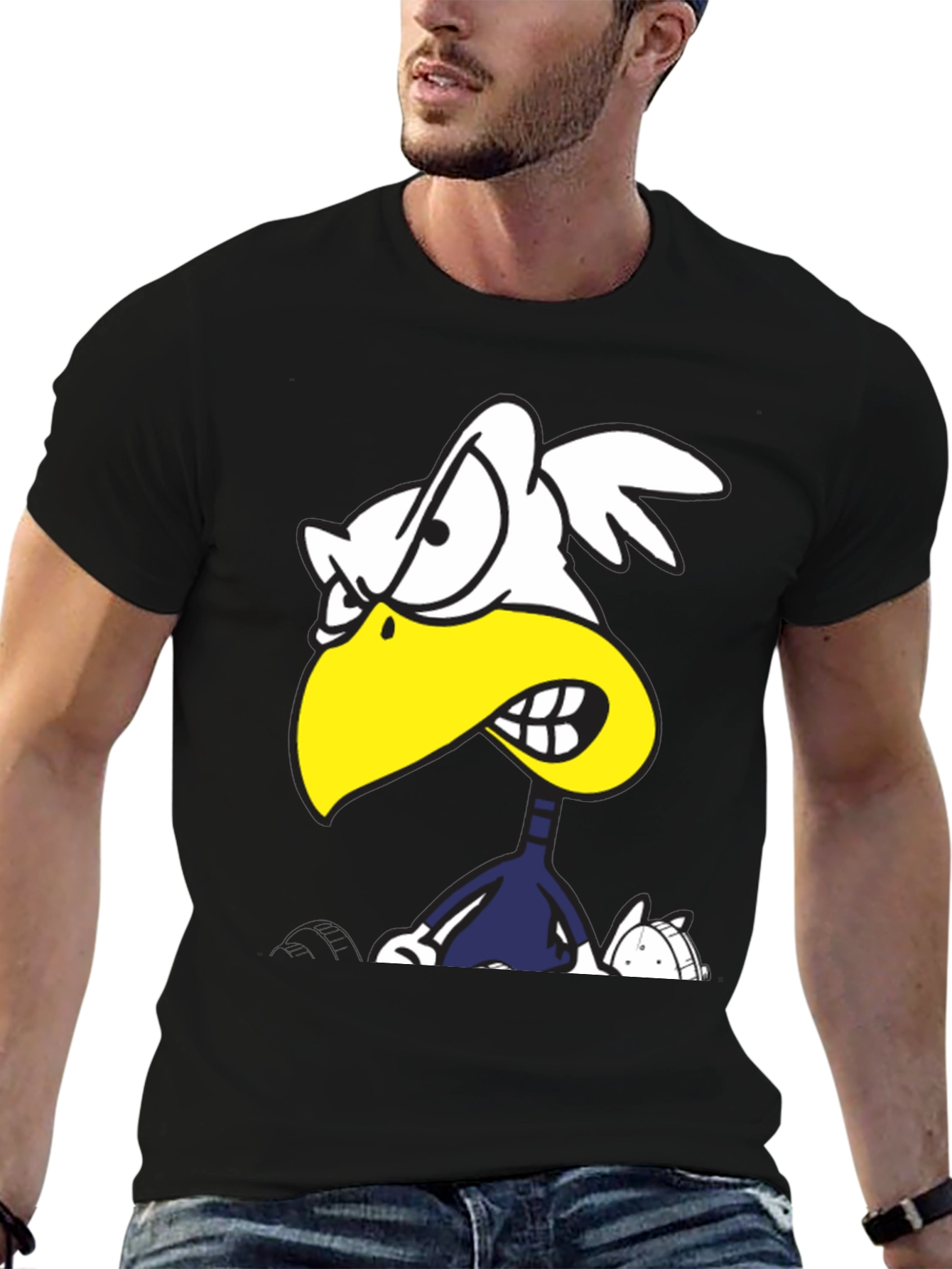 Angry Cartoon Bird Graphic Tee - Black Cotton T-Shirt