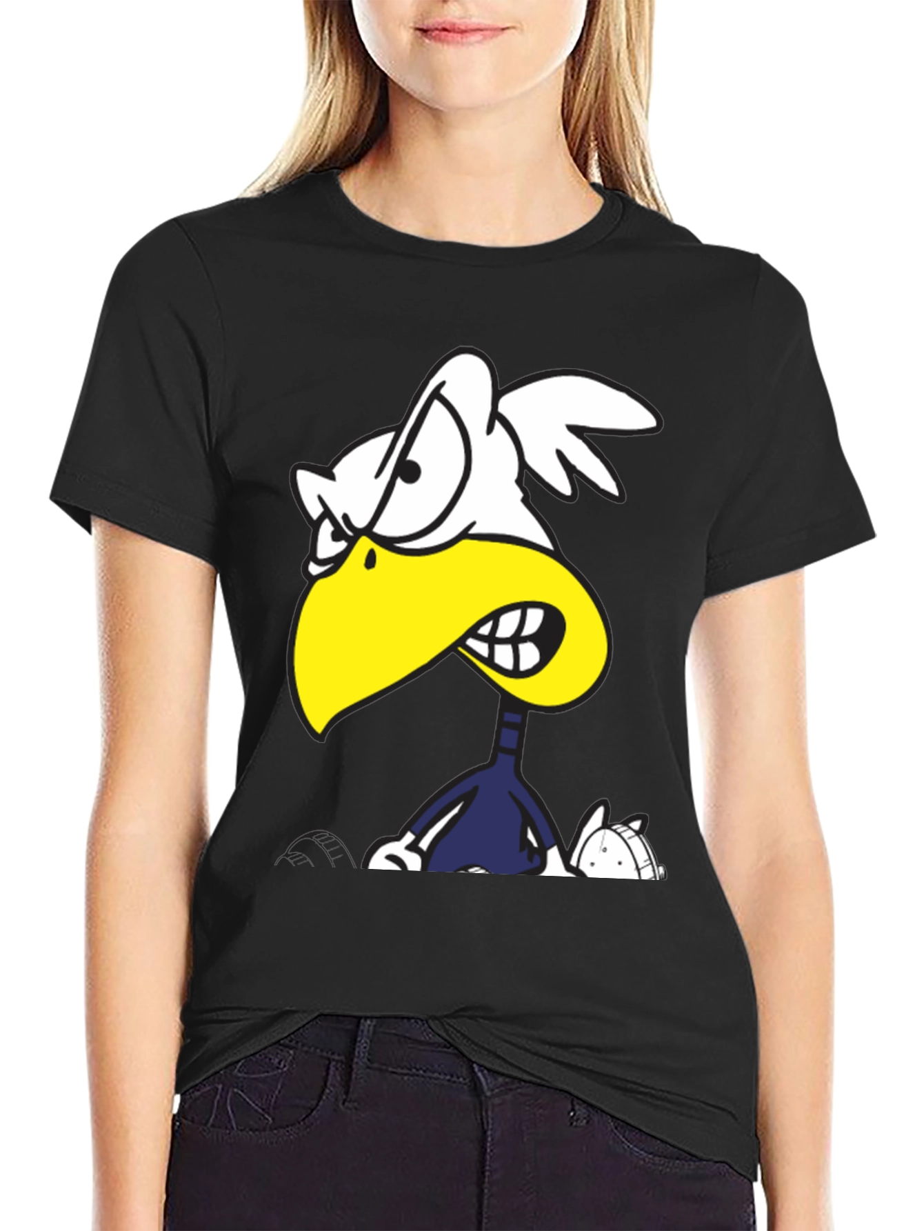 Angry Cartoon Bird Graphic Tee - Black Cotton T-Shirt