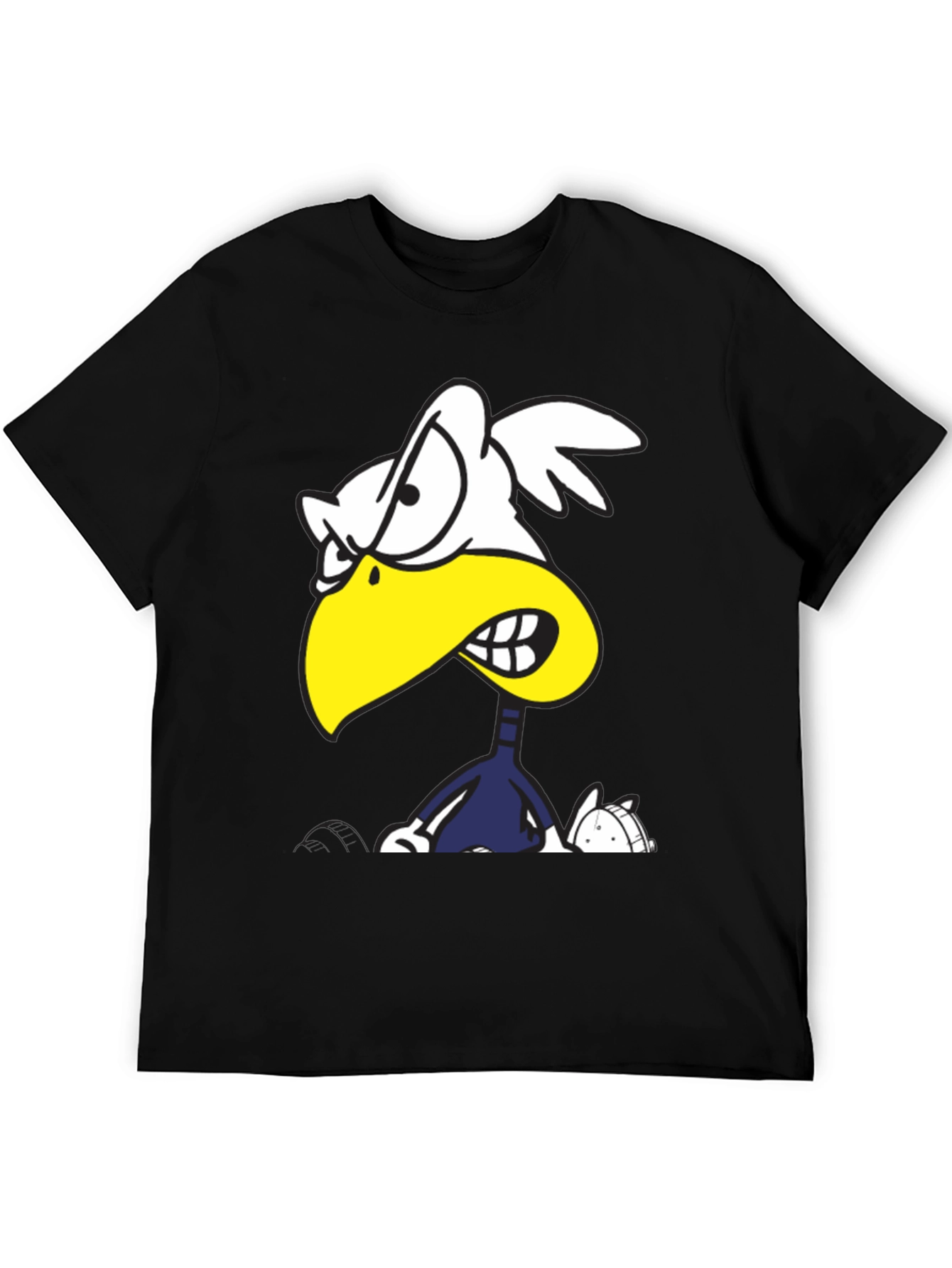 Angry Cartoon Bird Graphic Tee - Black Cotton T-Shirt