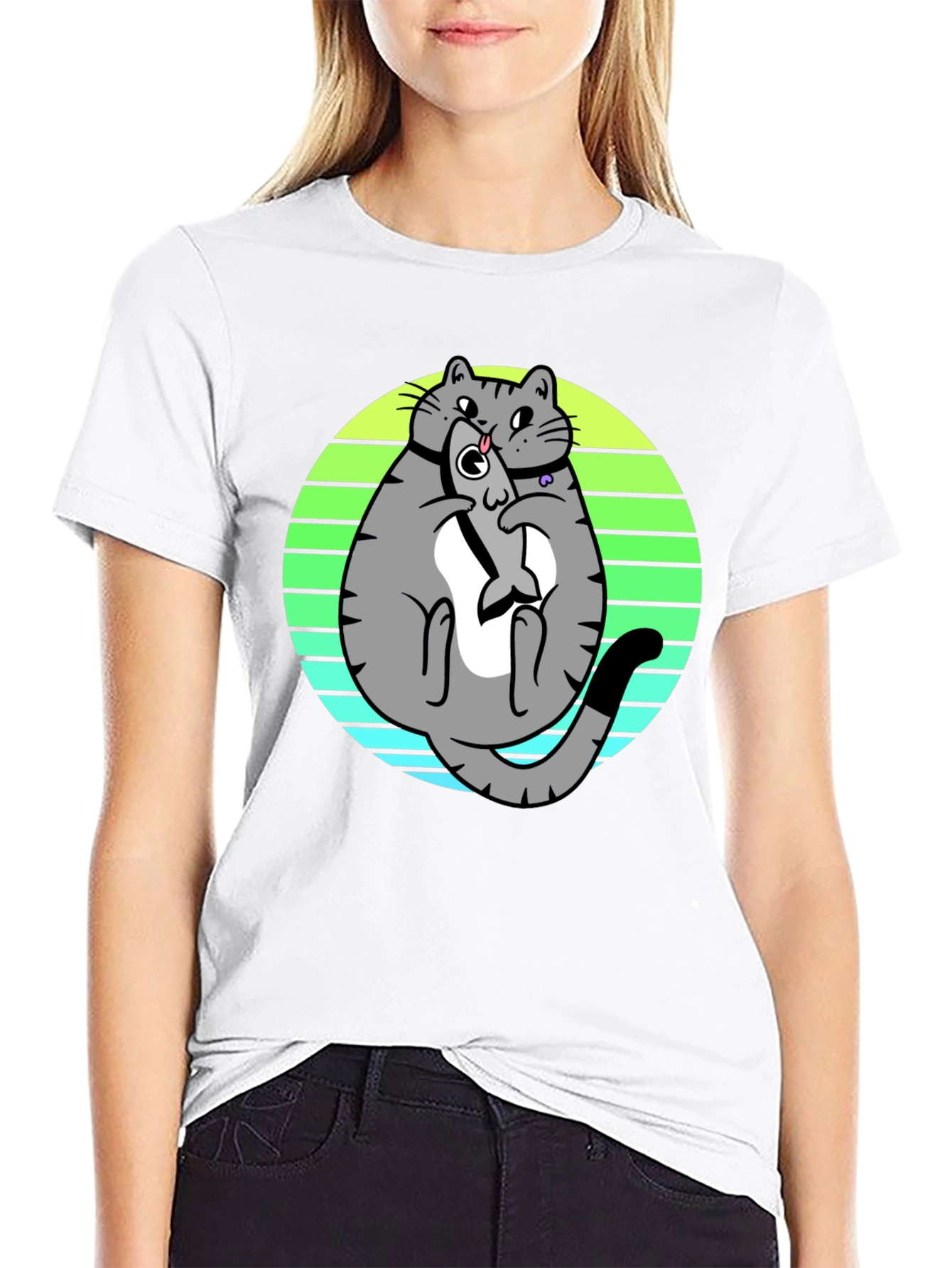 Funny Cat Eating Fish T-Shirt - Unique Graphic Tee