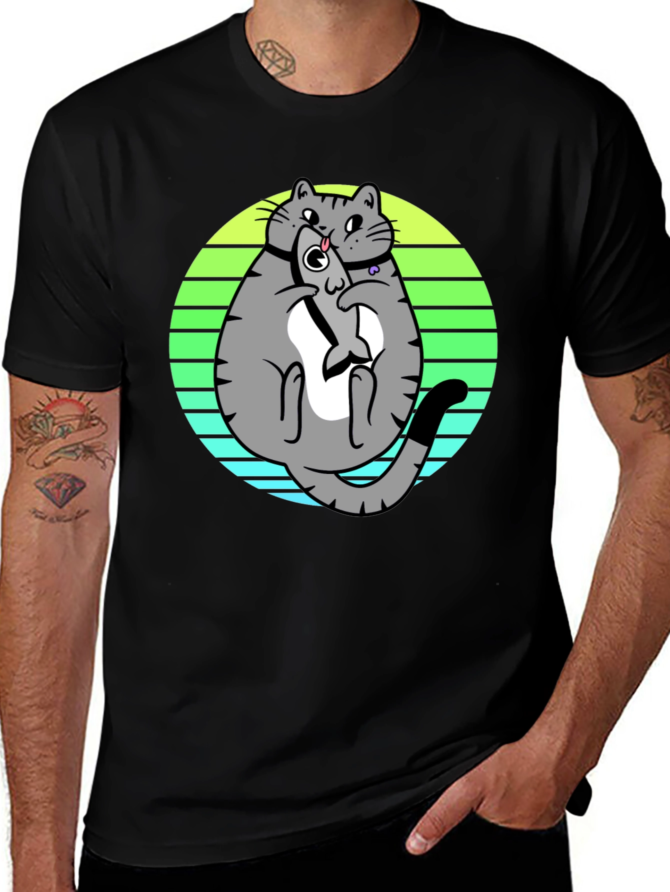 Funny Cat Eating Fish T-Shirt - Unique Graphic Tee