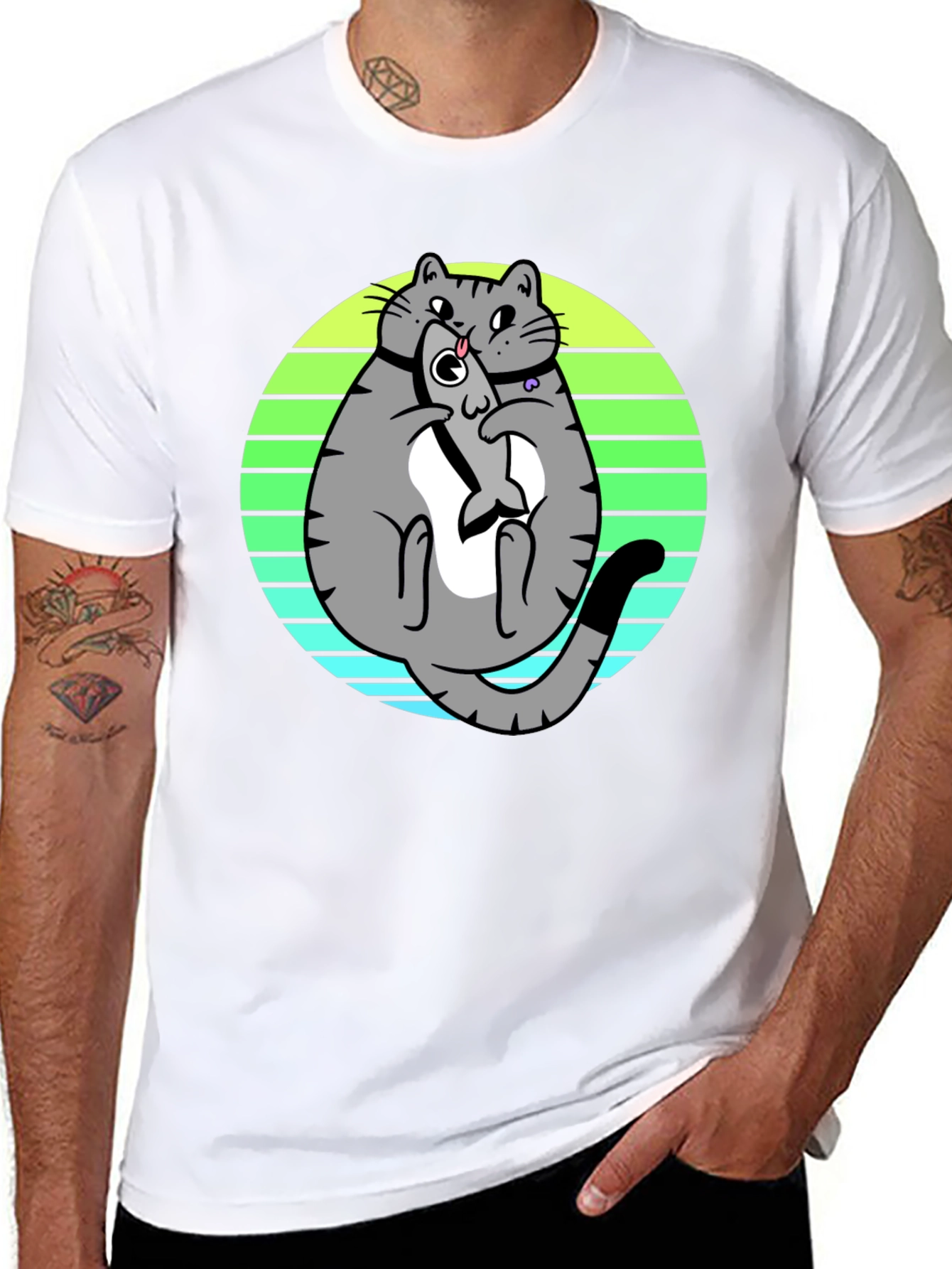 Funny Cat Eating Fish T-Shirt - Unique Graphic Tee