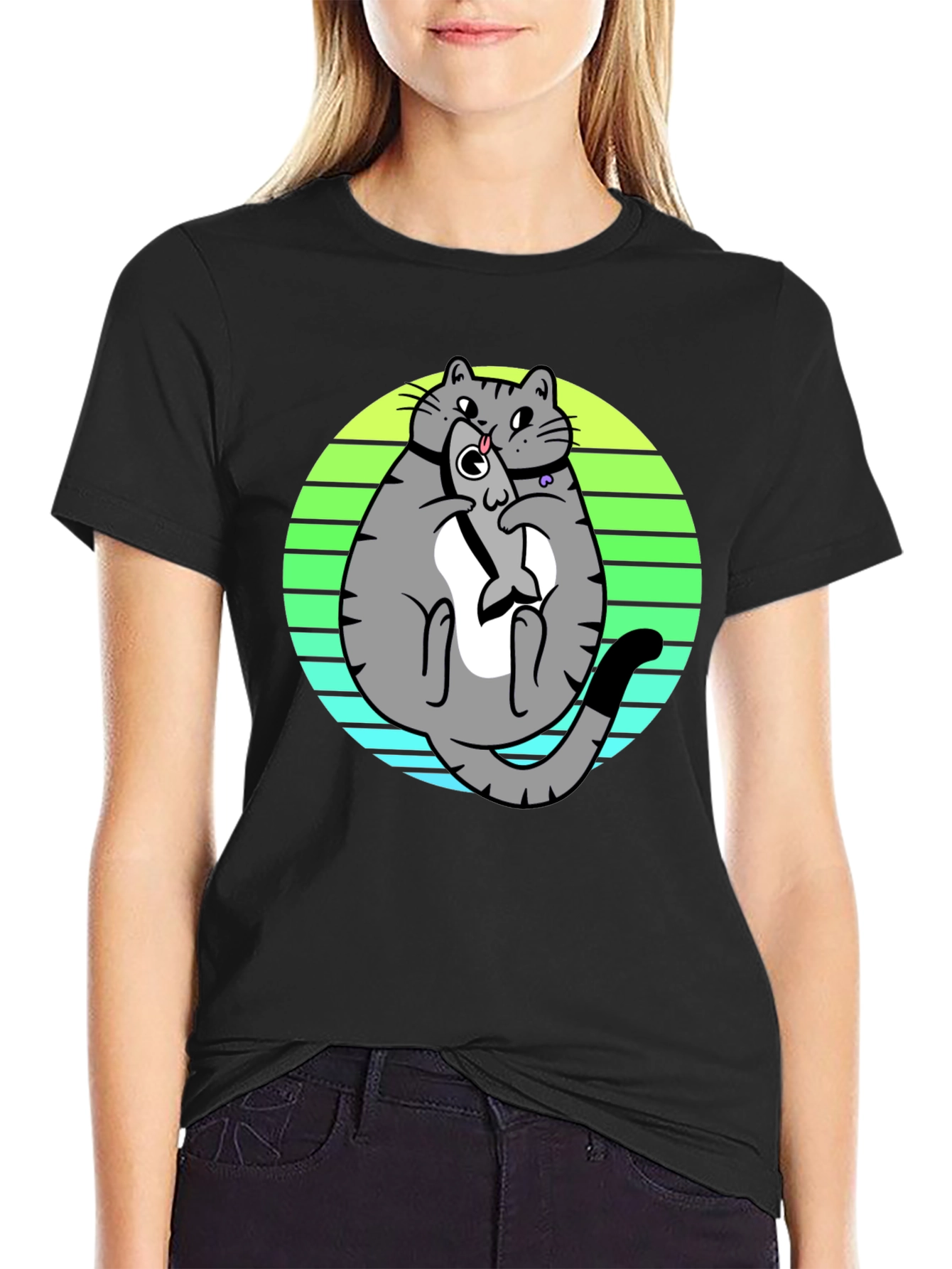 Funny Cat Eating Fish T-Shirt - Unique Graphic Tee