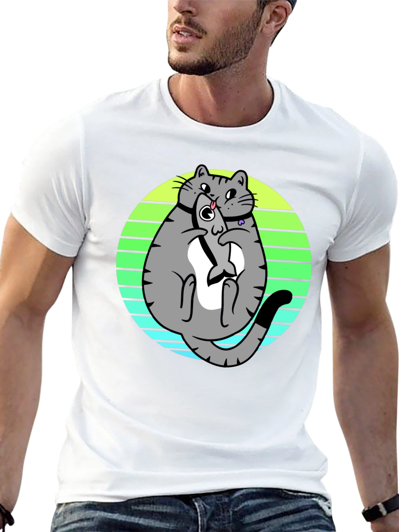 Funny Cat Eating Fish T-Shirt - Unique Graphic Tee