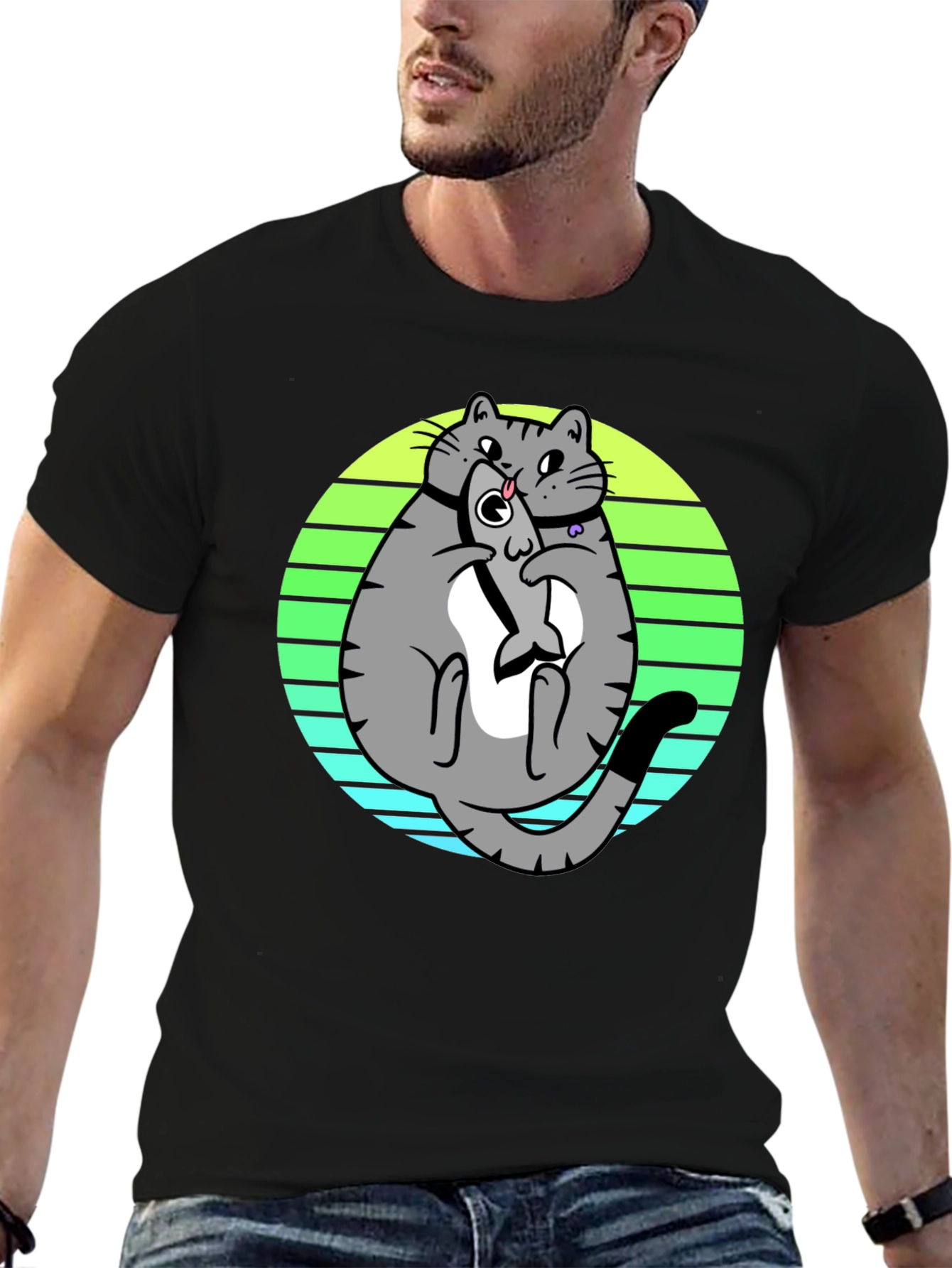 Funny Cat Eating Fish T-Shirt - Unique Graphic Tee