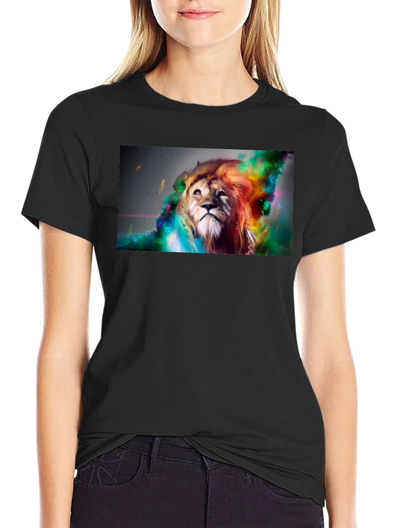Lion Art Graphic Print Black T-Shirt
