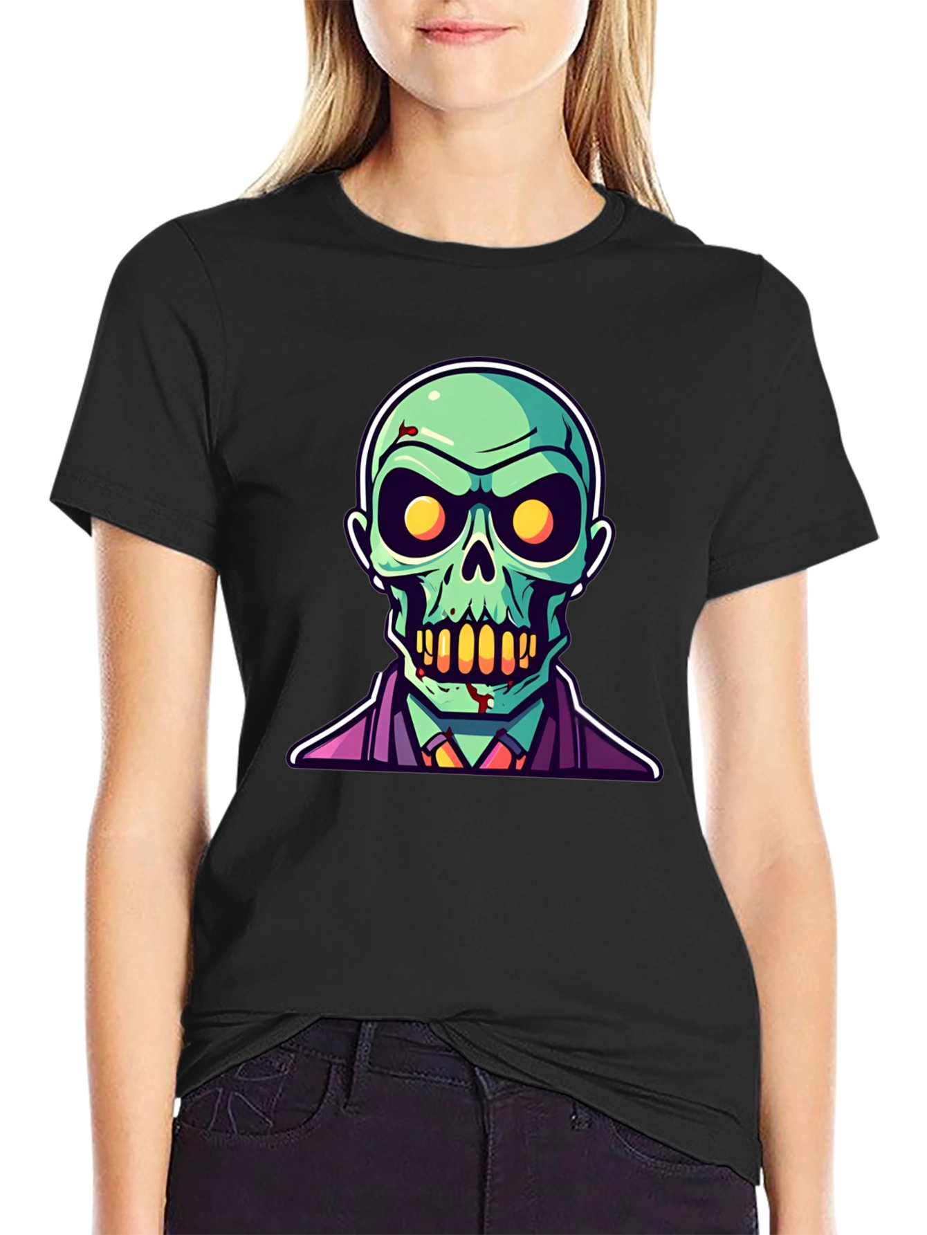 Zombie Cartoon Graphic Tee - Black Halloween Shirt
