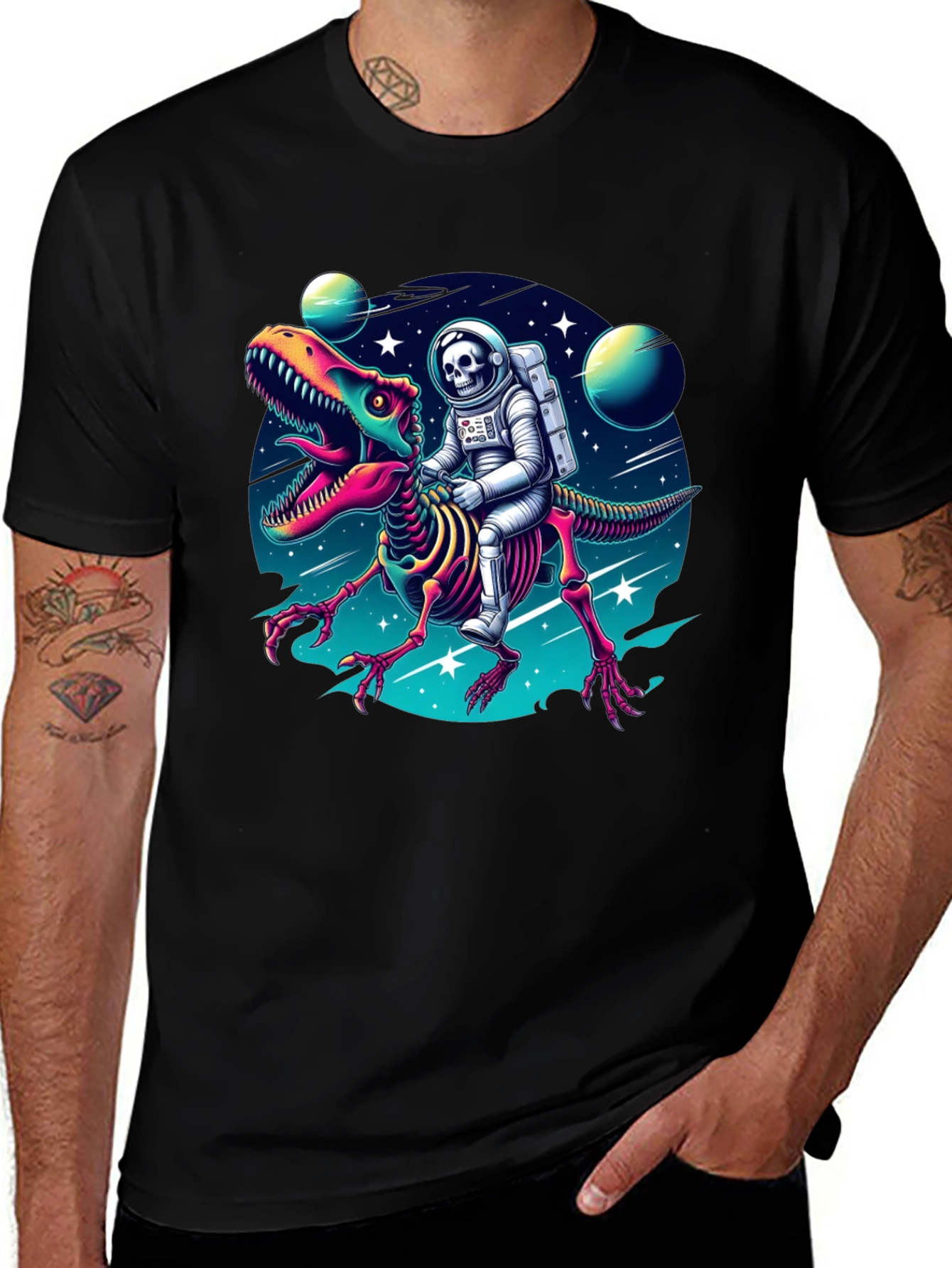 Astronaut Skeleton Riding Dinosaur Graphic Tee