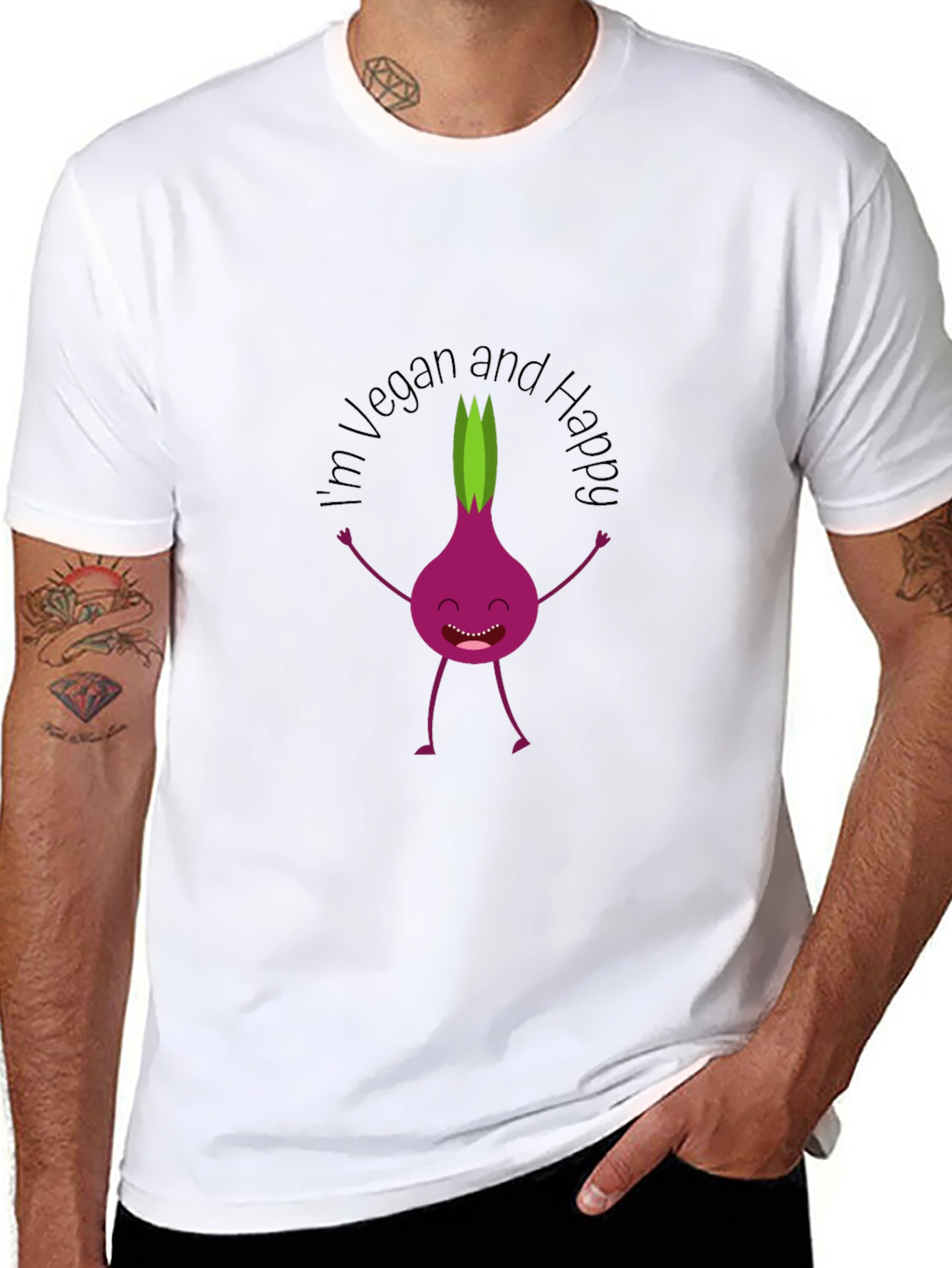 Vegan & Happy T-Shirt - Funny Onion Cartoon Tee