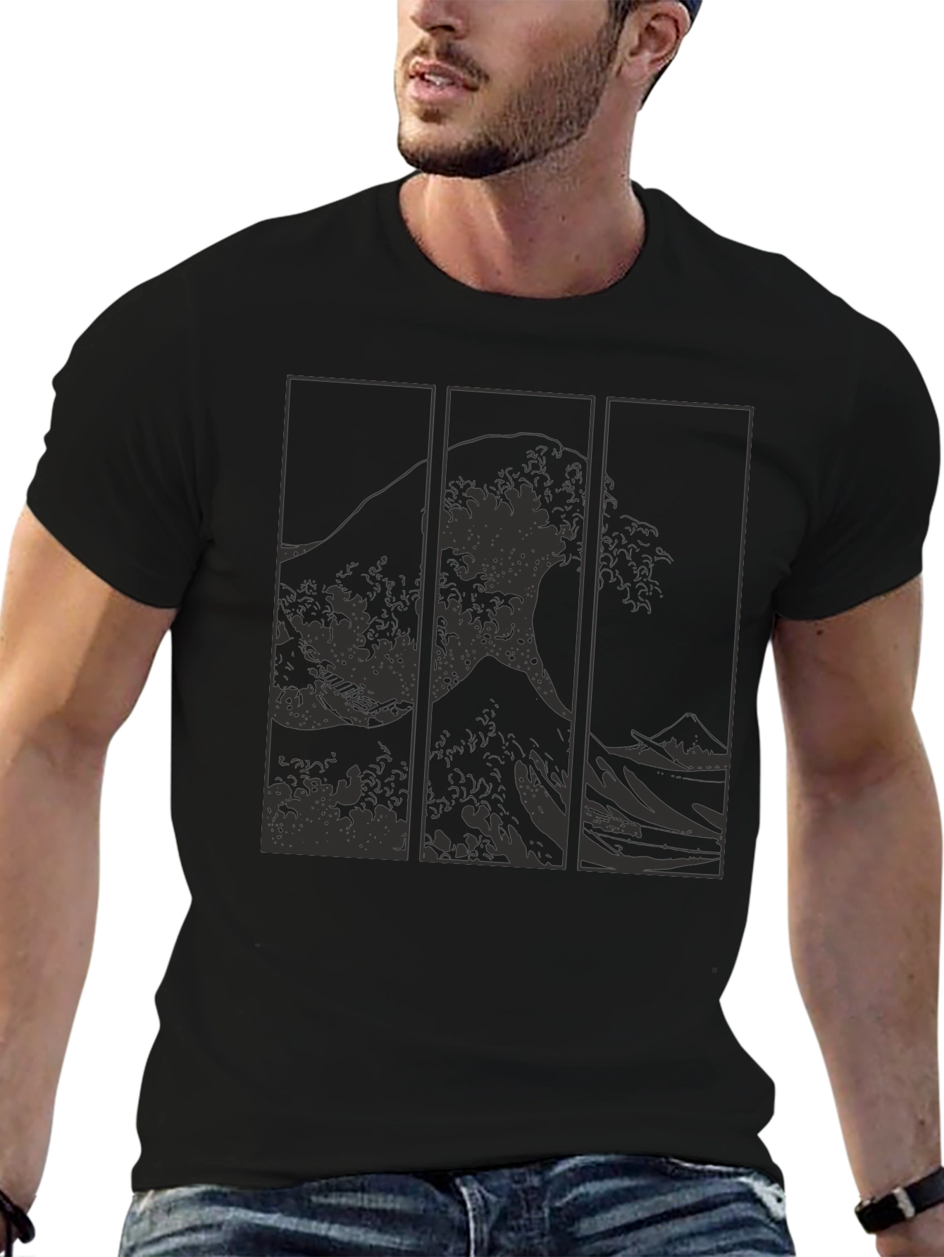 Great Wave Triptych Black T-Shirt - Artistic Style