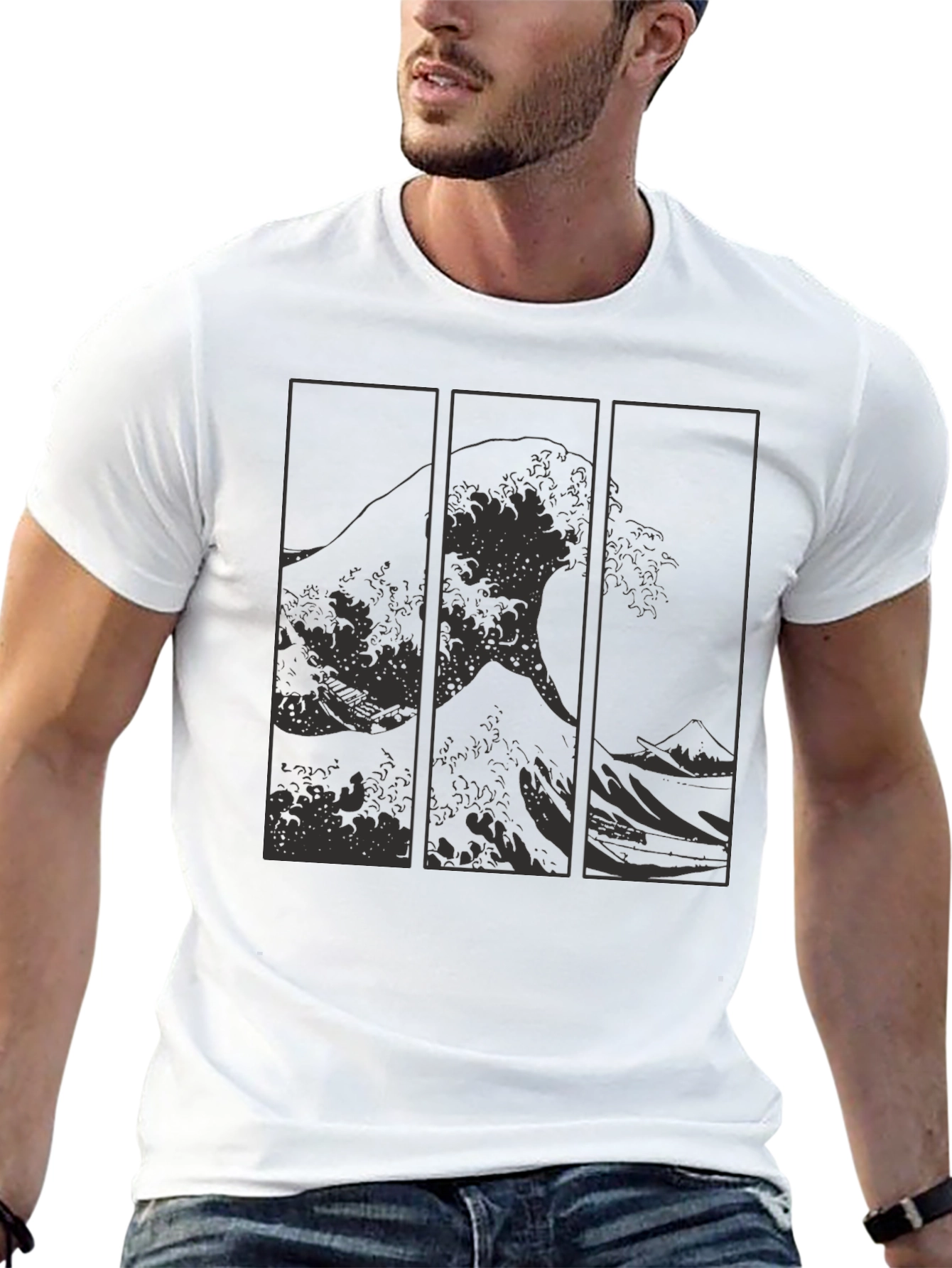 Great Wave Triptych Black T-Shirt - Artistic Style