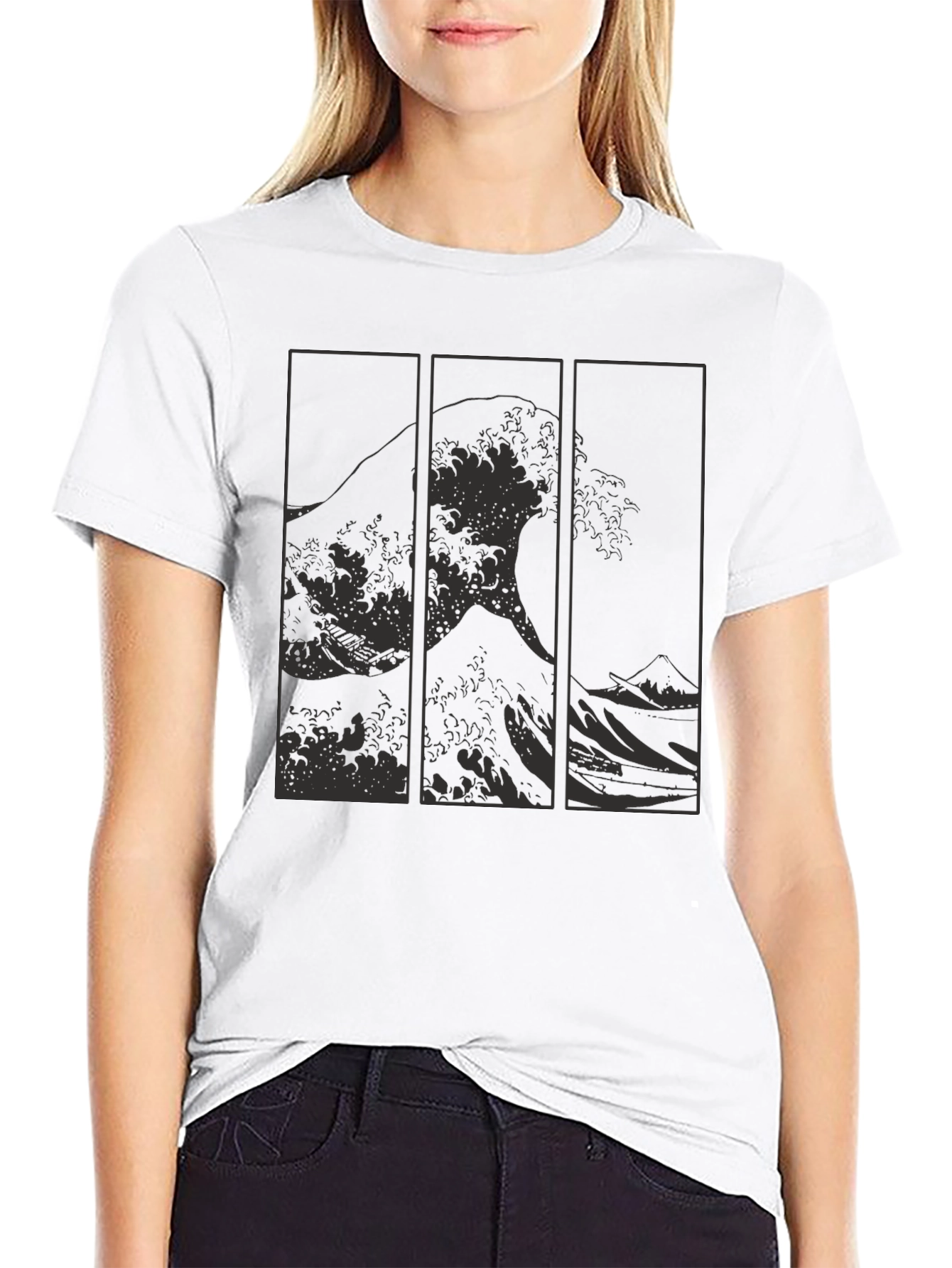 Great Wave Triptych Black T-Shirt - Artistic Style