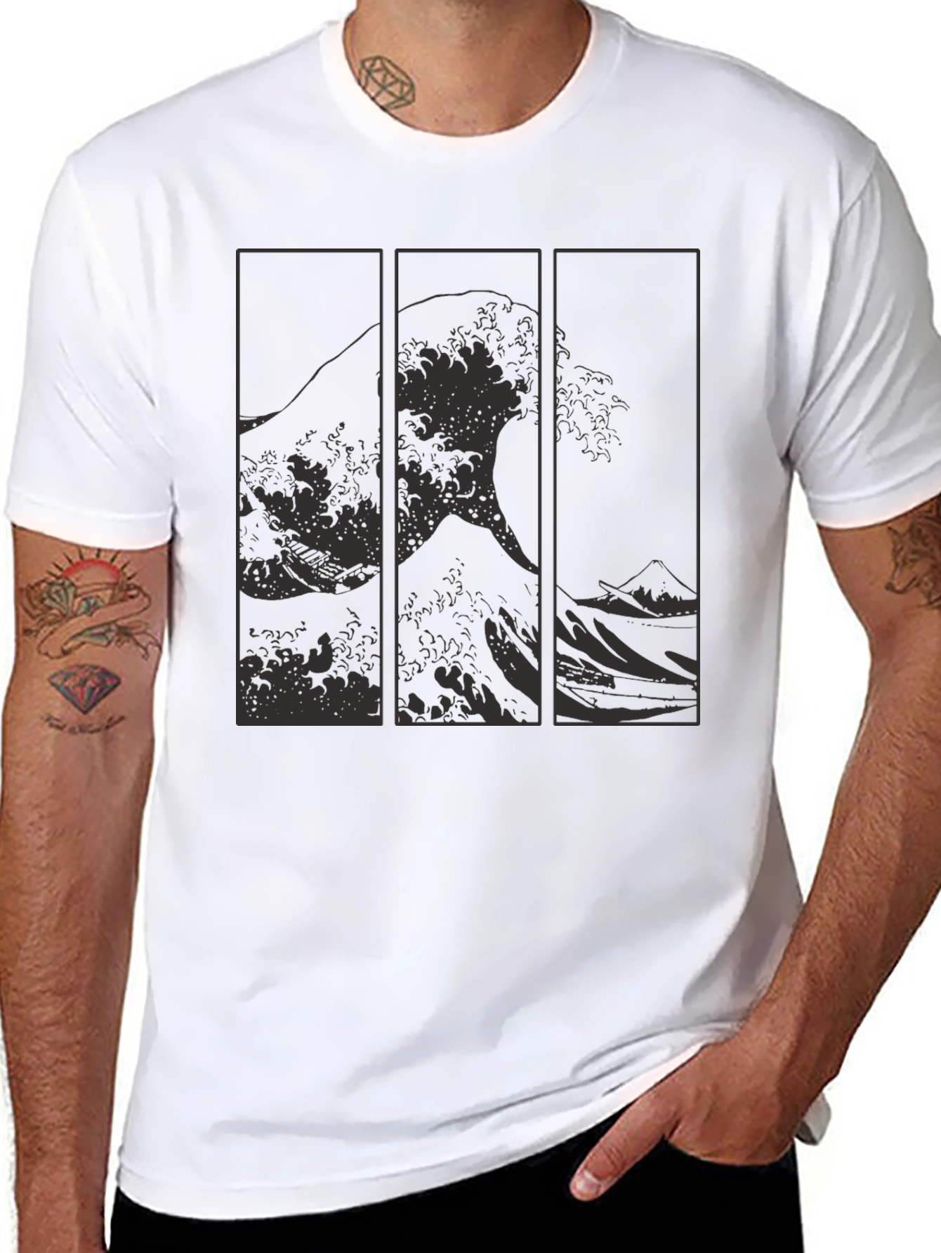 Great Wave Triptych Black T-Shirt - Artistic Style