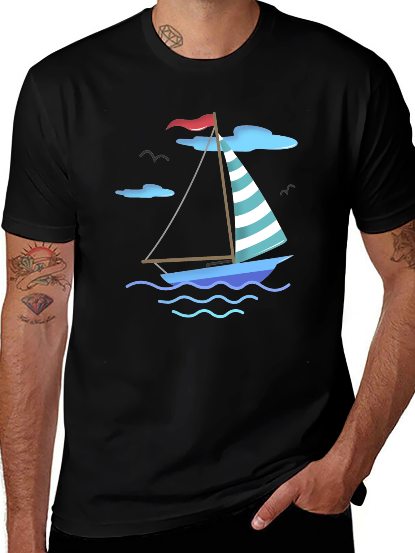 Nautical Sailboat Graphic Tee - Black Cotton T-Shirt