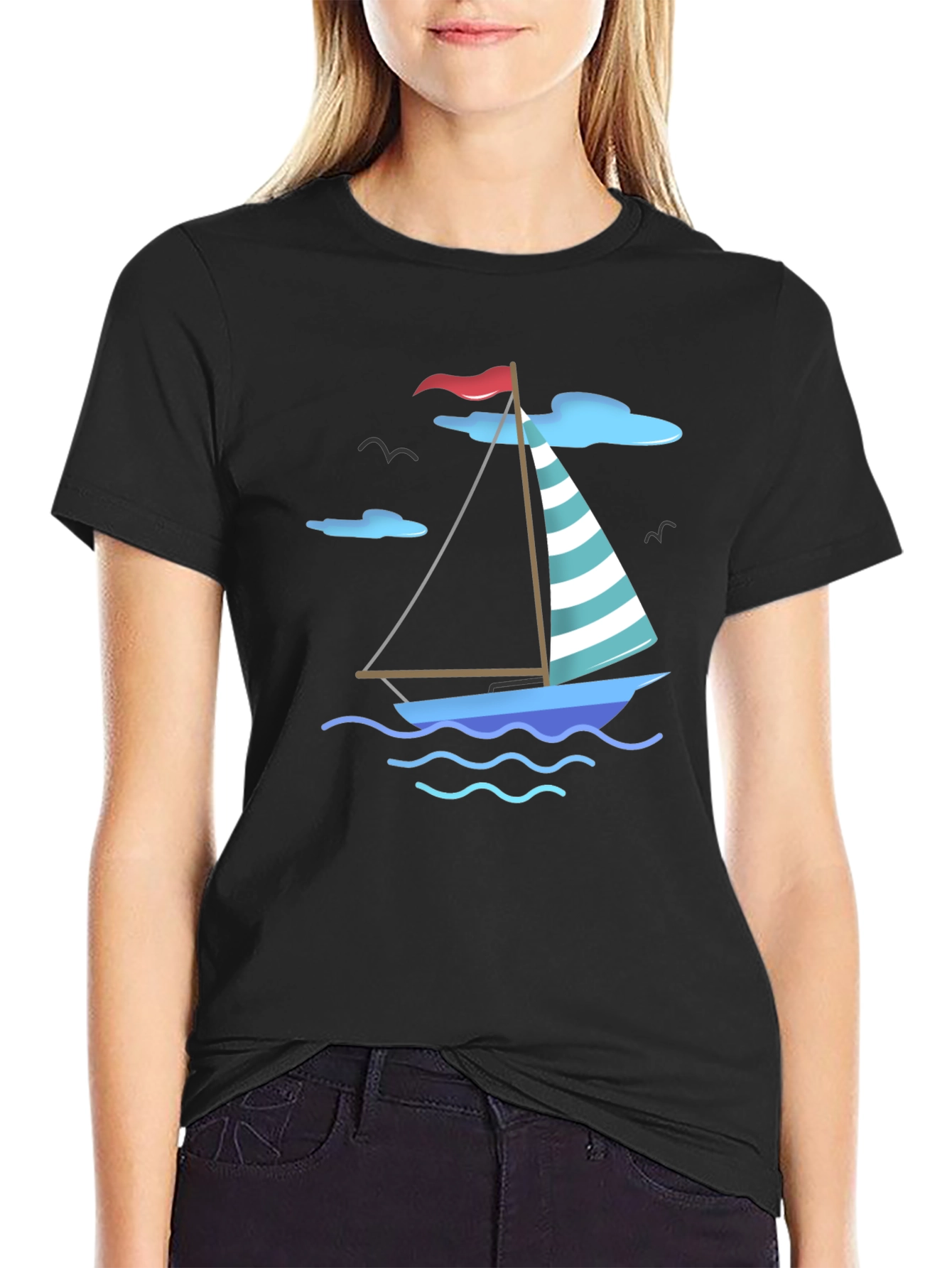 Nautical Sailboat Graphic Tee - Black Cotton T-Shirt